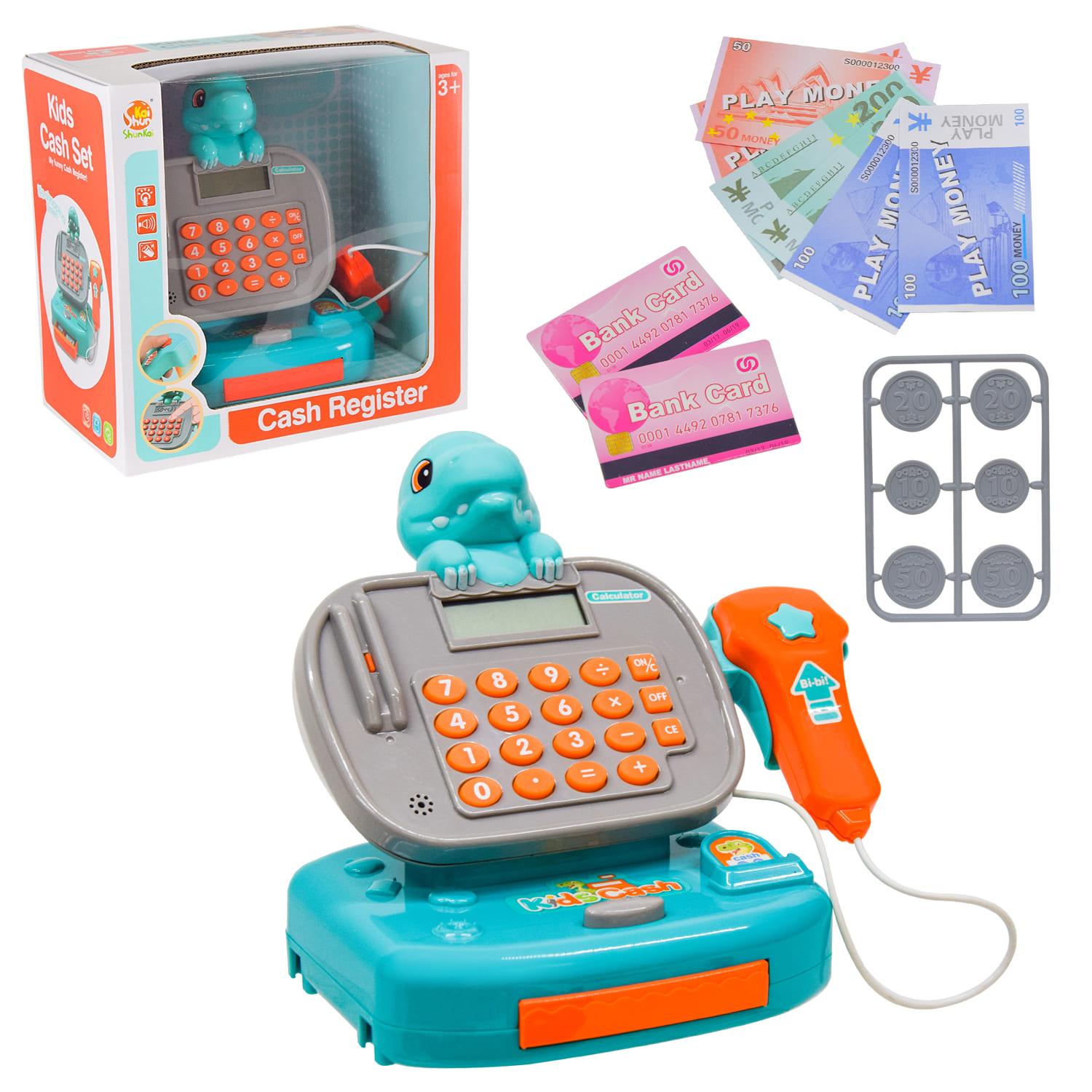 Каса арт. SK25A (24шт/2)  батар. дракончик, світло, звук, сканер, картка, монети та гроші короб. 26*16*25см