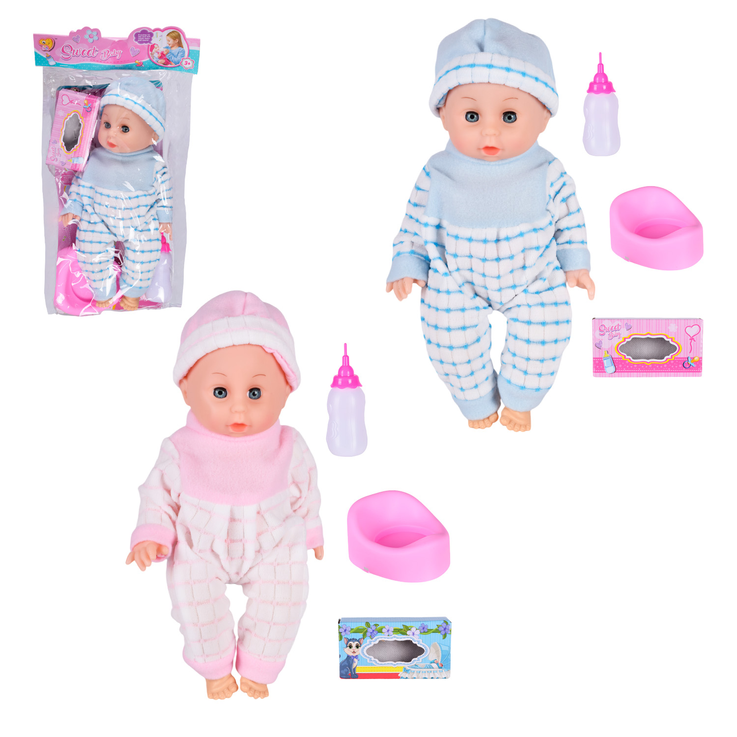 Пупс функц арт. 999-5 (72шт/2) батар. мікс 2 види, муз. пьє, пісяє, плаче сльозами. аксес пакет 46*10*24см