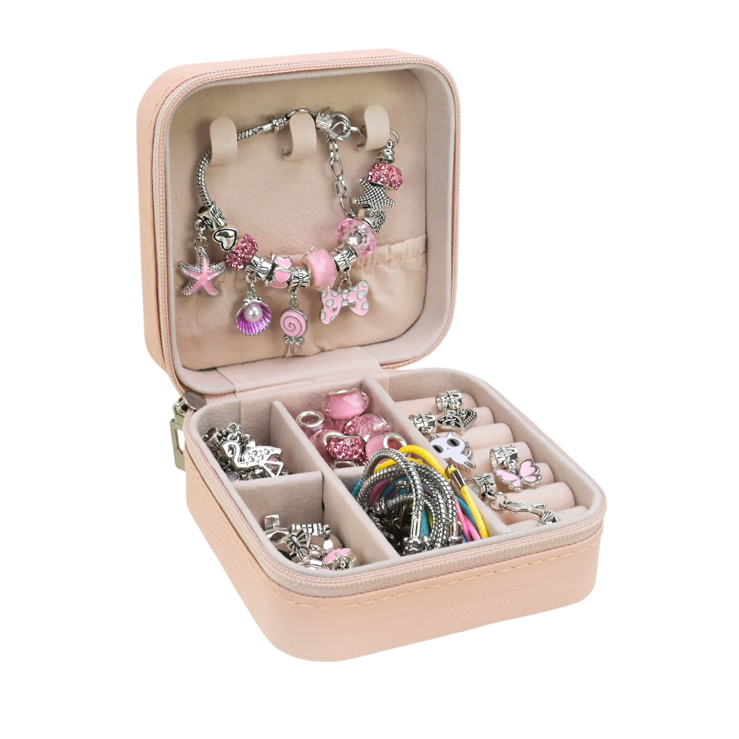 Набір аксесуари для дівчат арт. B4351 (20шт) типу пандора, у шкатулці, 3 браслети, 3 підвса на шию, 60 шармів короб. 9*9*5см