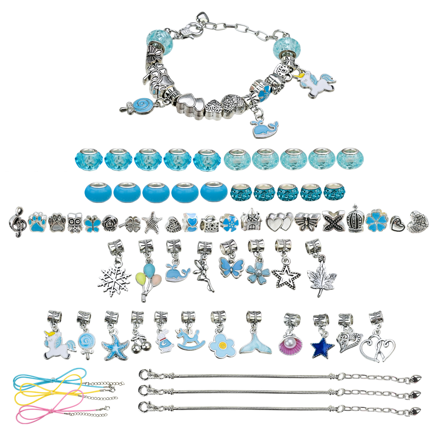 Набір аксесуари для дівчат арт. B4351 (20шт) типу пандора, у шкатулці, 3 браслети, 3 підвса на шию, 60 шармів короб. 9*9*5см