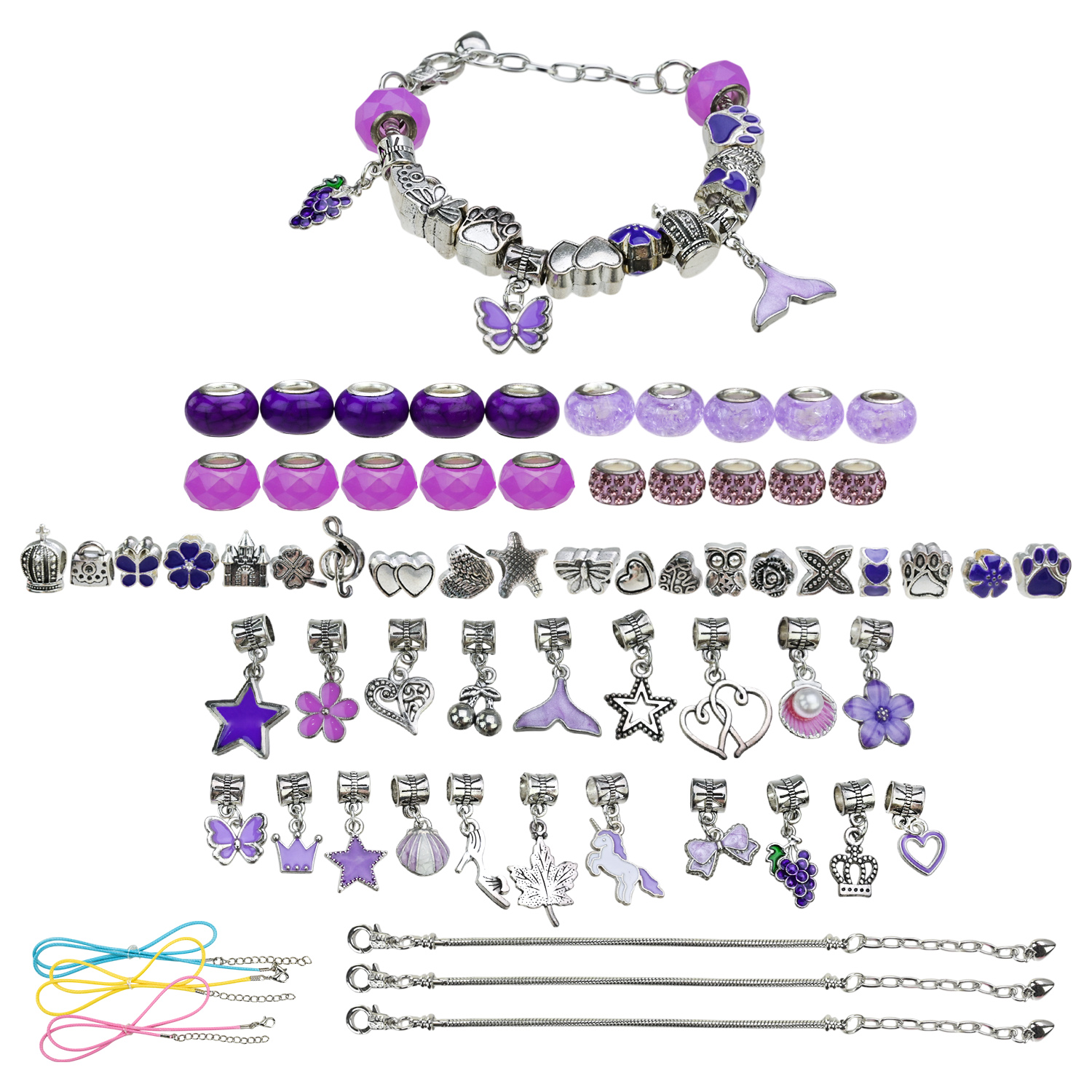 Набір аксесуари для дівчат арт. B4351 (20шт) типу пандора, у шкатулці, 3 браслети, 3 підвса на шию, 60 шармів короб. 9*9*5см