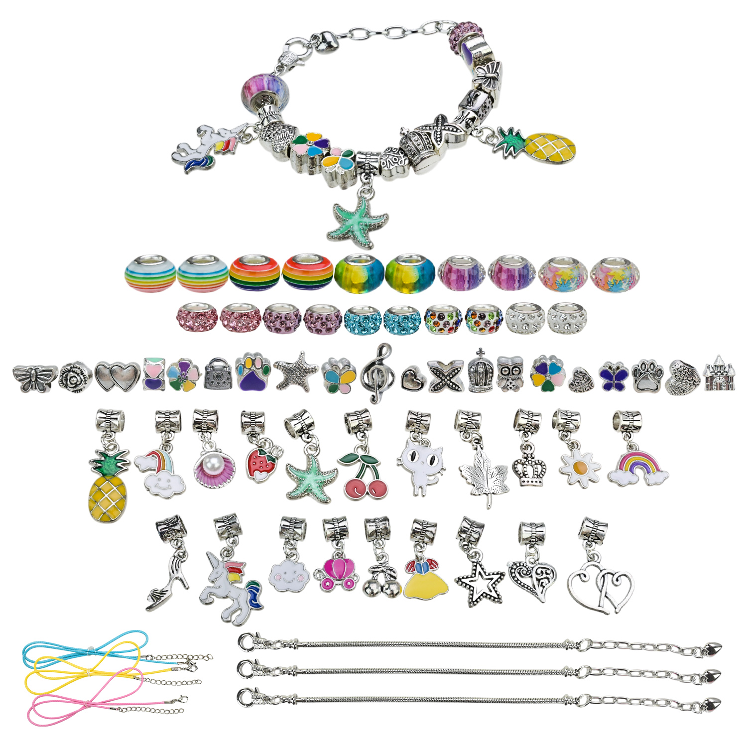 Набір аксесуари для дівчат арт. B4351 (20шт) типу пандора, у шкатулці, 3 браслети, 3 підвса на шию, 60 шармів короб. 9*9*5см
