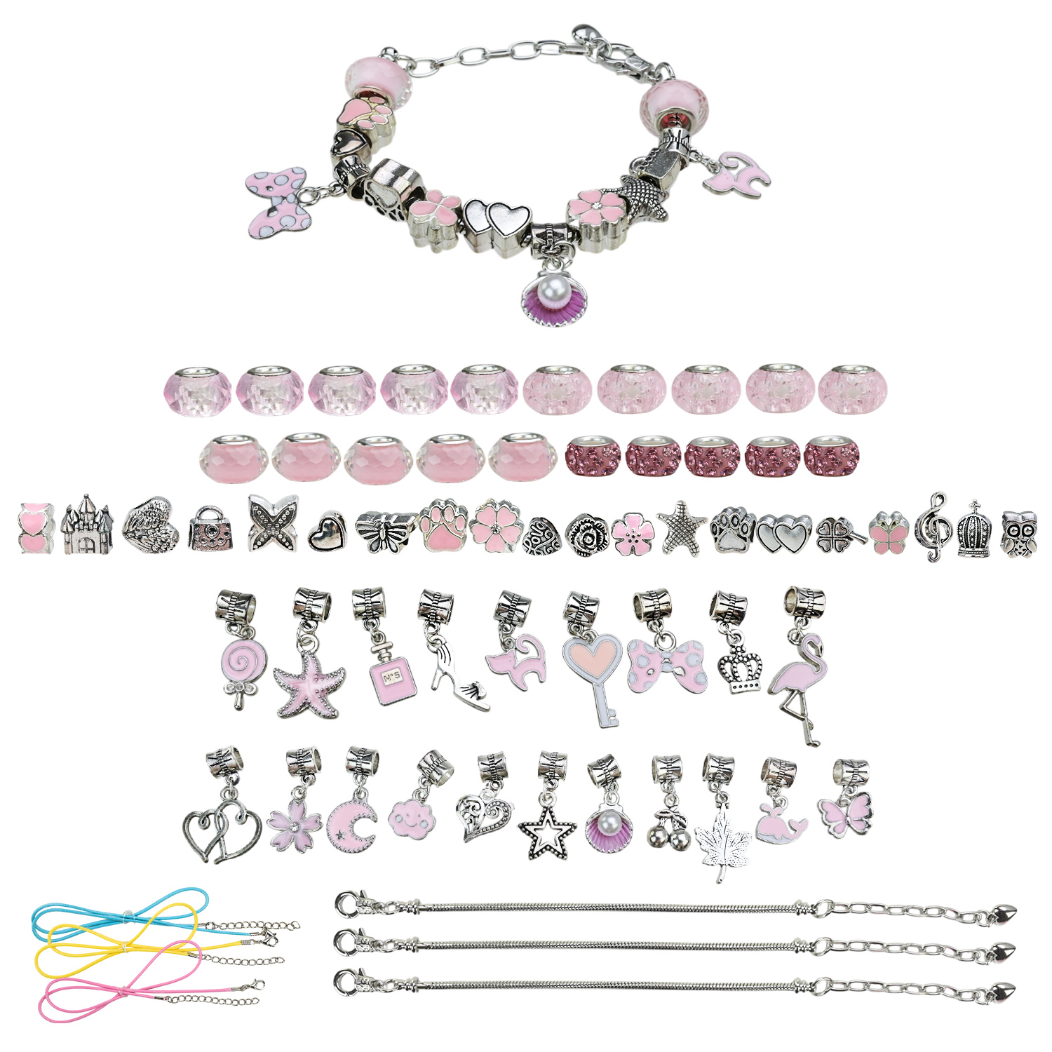 Набір аксесуари для дівчат арт. B4351 (20шт) типу пандора, у шкатулці, 3 браслети, 3 підвса на шию, 60 шармів короб. 9*9*5см