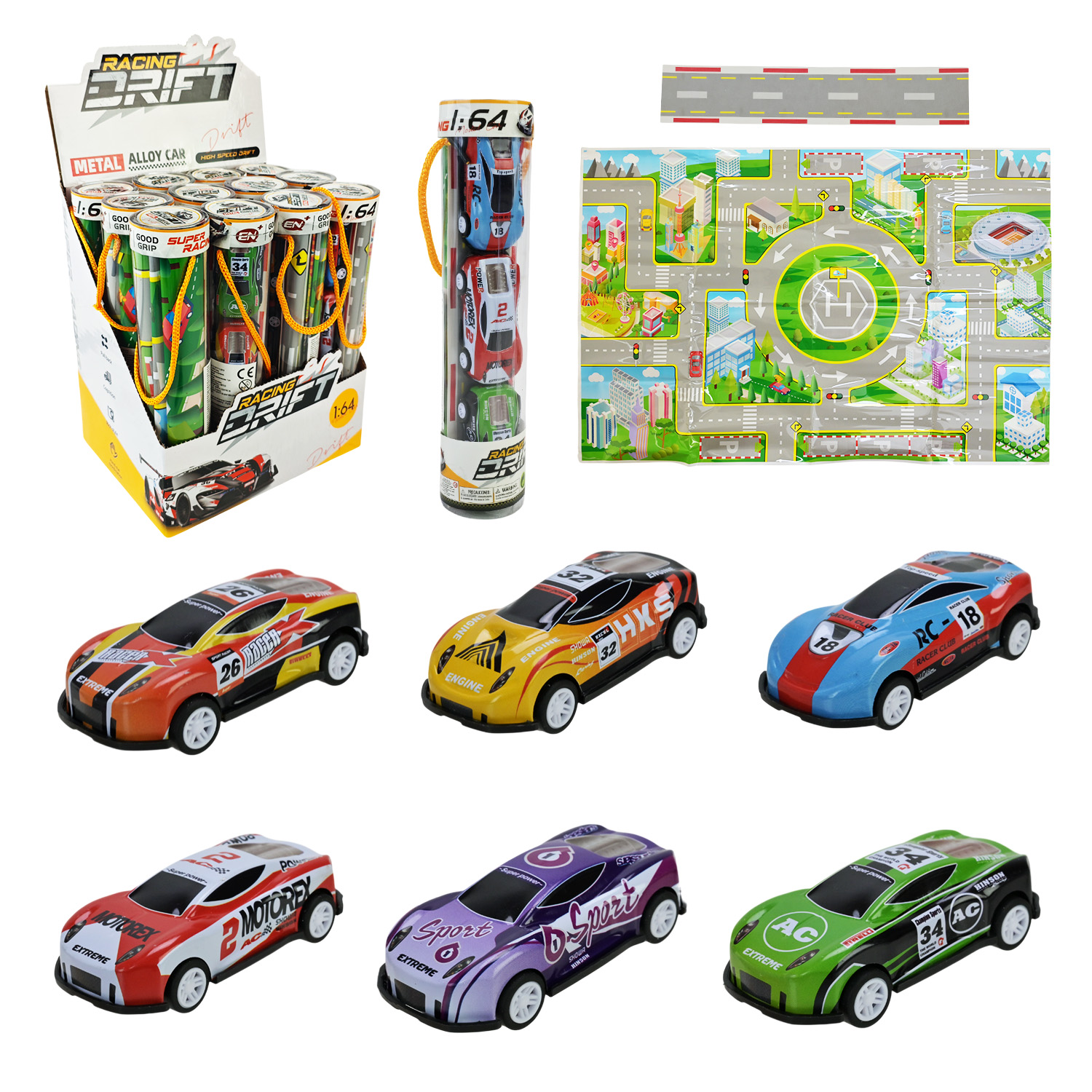 Машина мет. арт. E1303A (288шт)  в наборі ігрове поле з дорожнім рухом, 24уп по12шт у дисплей боксі 18*13,5*21см