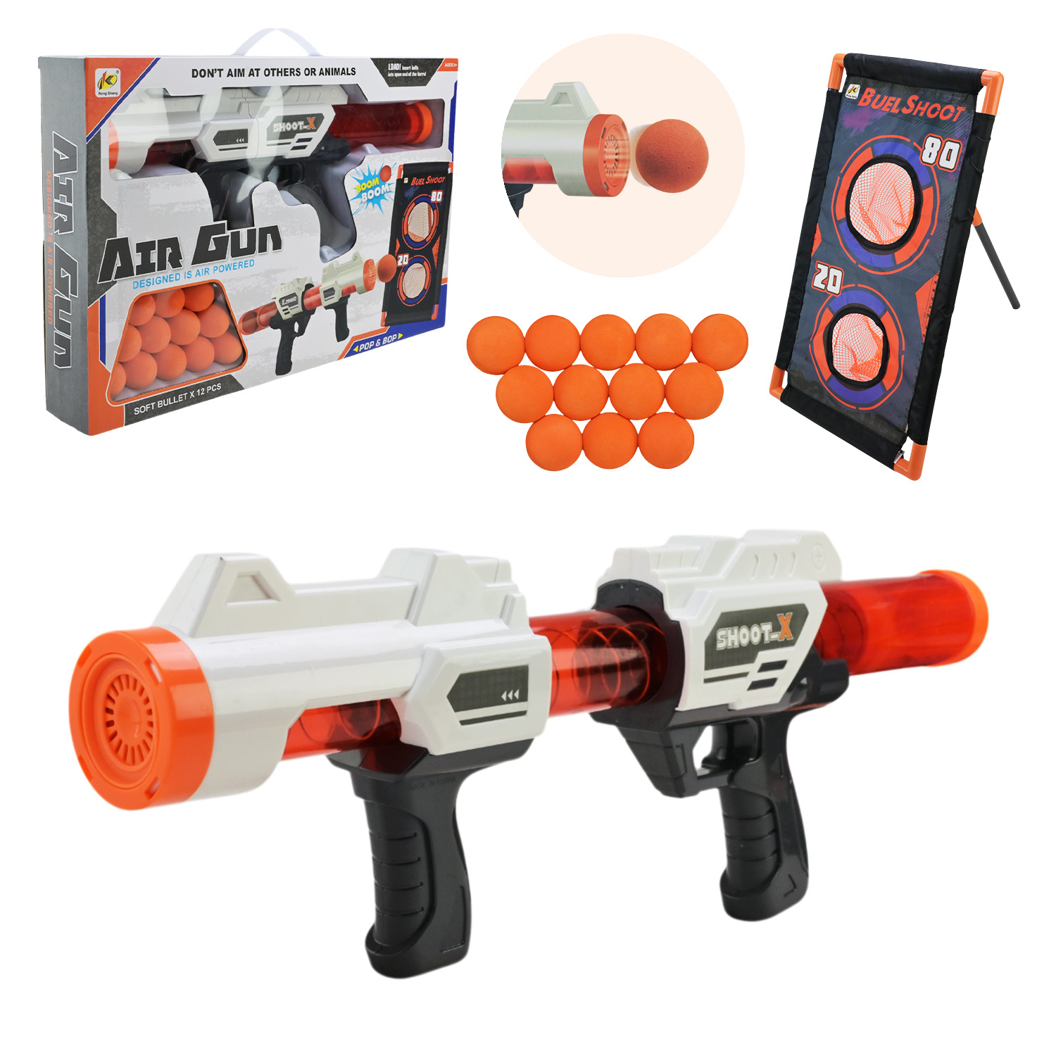 Бластер арт. 923D (24шт/2)  стріляє поролон.кульками,12 кульок в наборі+мішені, короб. 46*30,9*7см