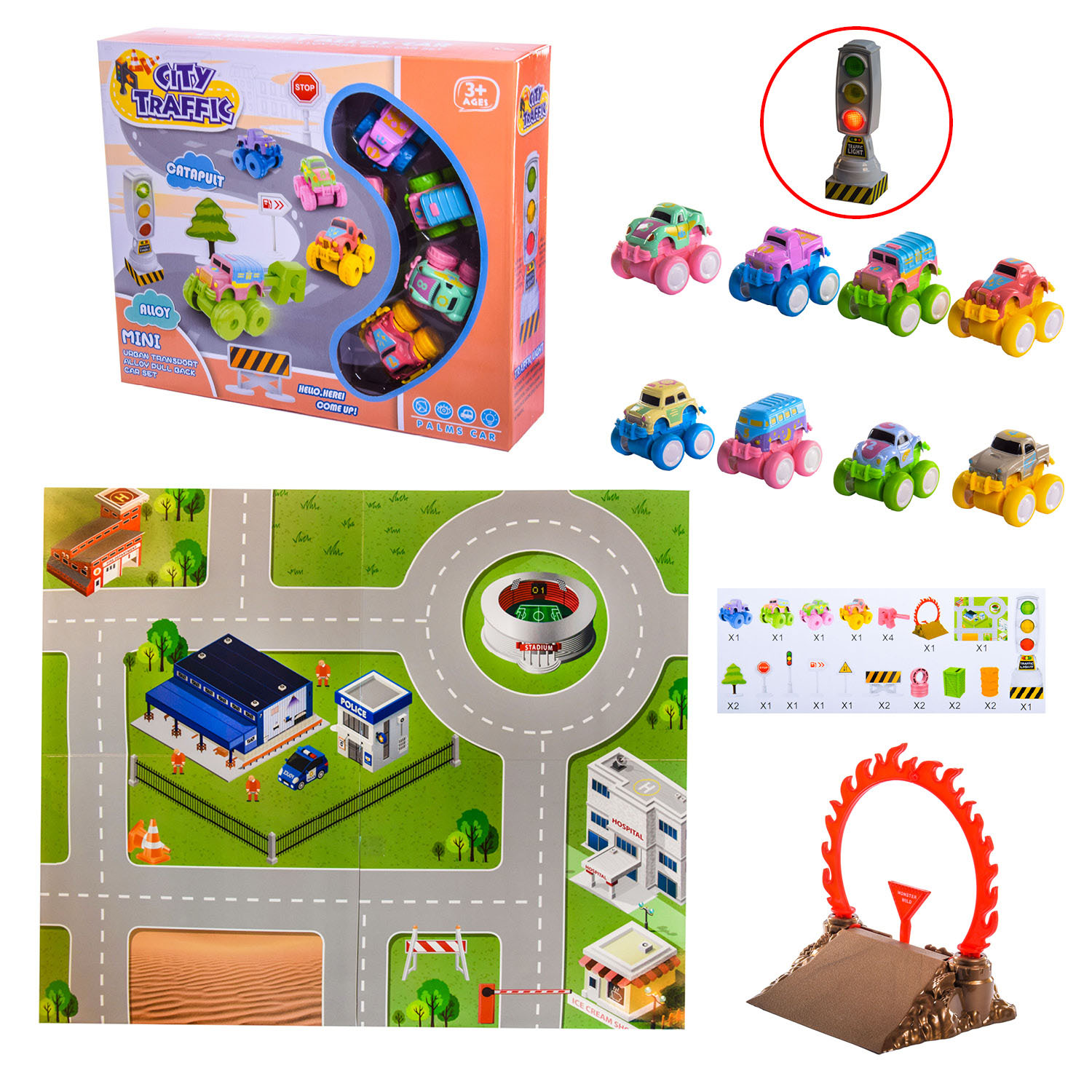 Килимок арт. RT001-3 (48шт/2)2 види мікс, ігрове поле,4 машинки, 20 аксесуарів, короб.30*7,5*25см р-н поля – 49*59 см, р-н машинки – 5.5*4*4 см