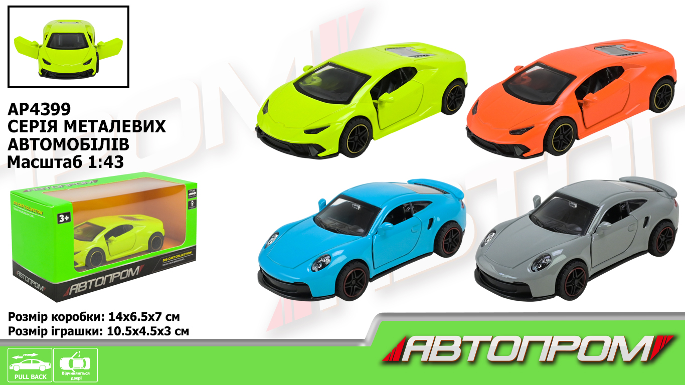Машина мет. арт. AP4399 (96шт/2) 1:43,4 кольори відкр.двері, у короб. 14*7*6,5см