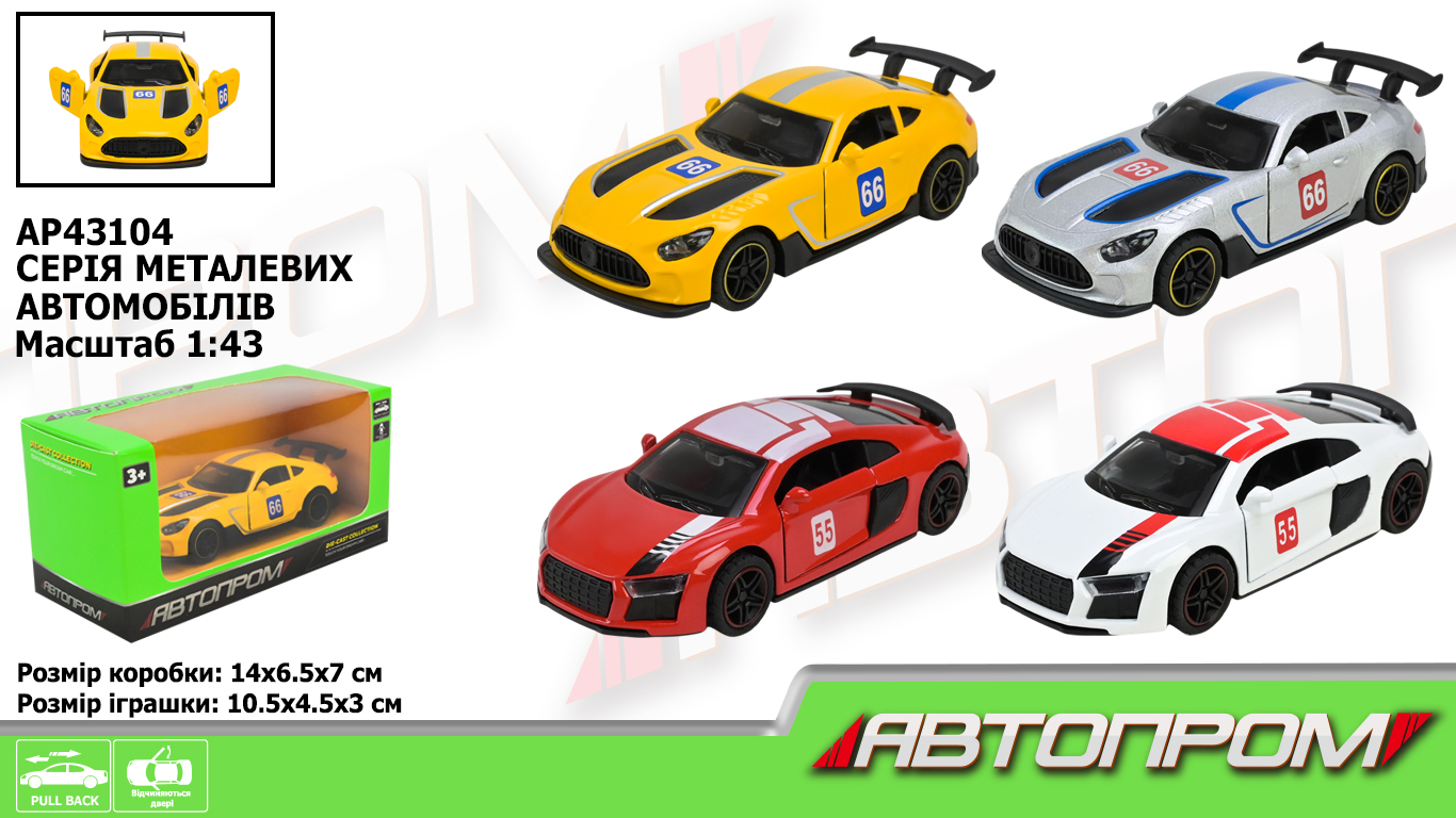 Машина мет. арт. AP43104 (96шт/2) 1:43,4 кольори відкр.двері, у короб. 14*7*6,5см