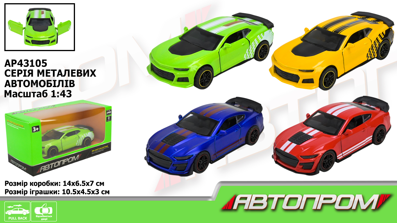 Машина мет. арт. AP43105 (96шт/2) 1:43, 4 кольори відкр.двері, у короб. 14*7*6,5см