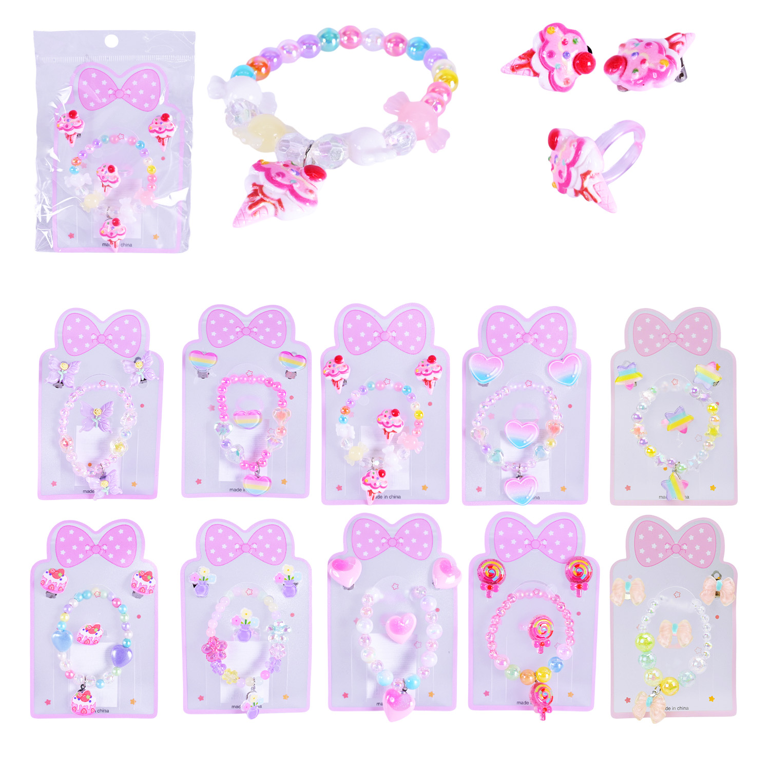 Набір аксесуари для дівчат арт. CN240712 (400шт)  мікс 10 видів, намисто, кліпси, кільце, у пакеті 7,5*12 см