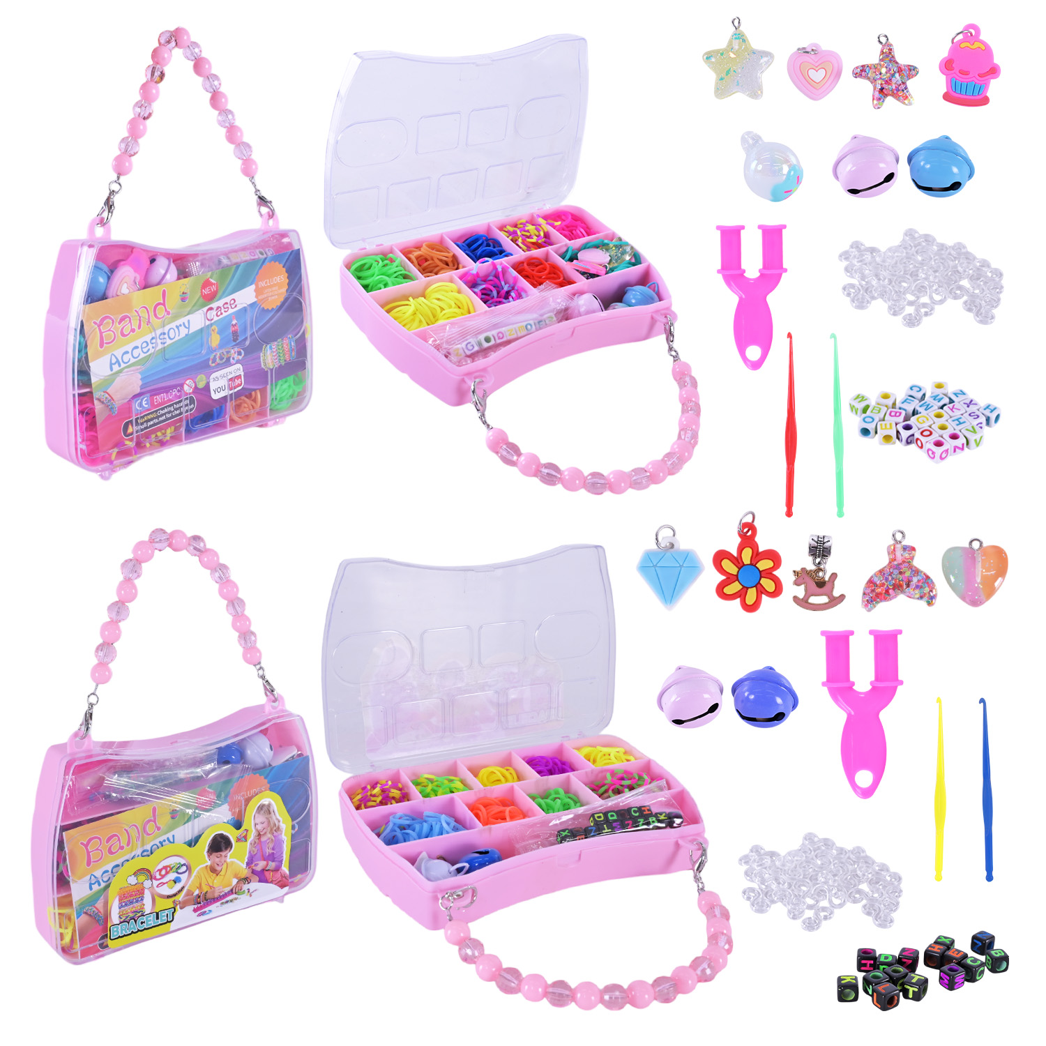 Резиночки для плетіння арт. 18102/18101 (120шт) 2 види інструменти для плетіння, резиночки, підвіски коробка 14,5*10*2,6см