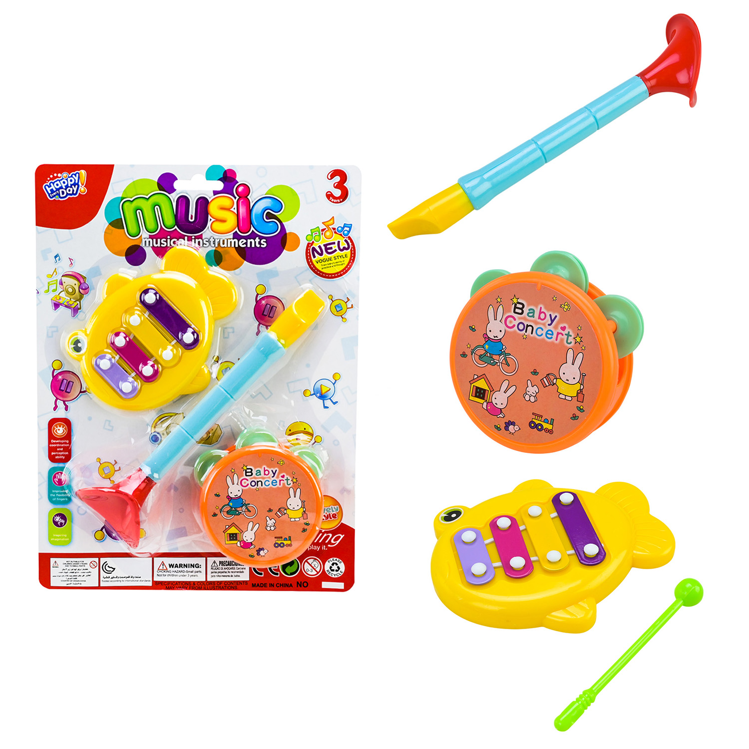Музичні інструменти. арт. 2Y368-17 (180шт/2) дудка, ксілофон, бубон, планшет 29*22*5см