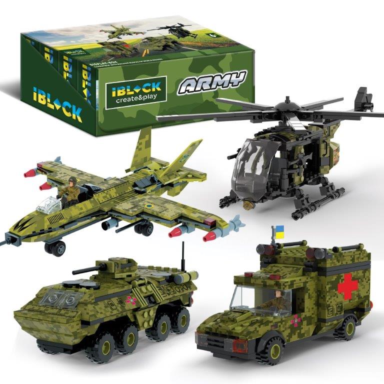 Конструктор IBLOCK арт. PL-921-428 (48ш/6) 6 диспл. по 8шт Армія, 205-227дет., 4вида, р-р уп-ки 24*4,5*16см, р-р дисп.бокс. 49,2*19,5*16,5см /ціна шт/