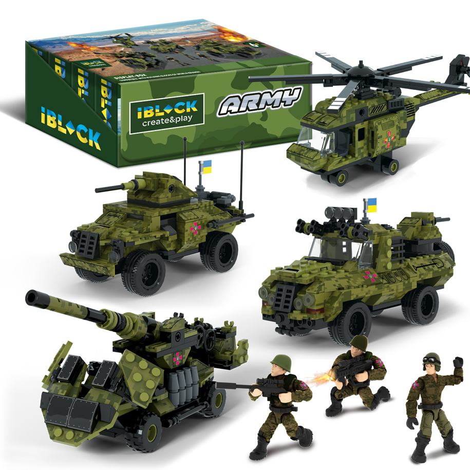 Конструктор IBLOCK арт. PL-921-429 (48ш/6) 6 диспл. по 8шт Армія, 203-234дет., 4вида,р-р уп-ки 25,5*5*19см, р-р дисп.бокс. 52,2*21,5*19,5см /ціна за шт/