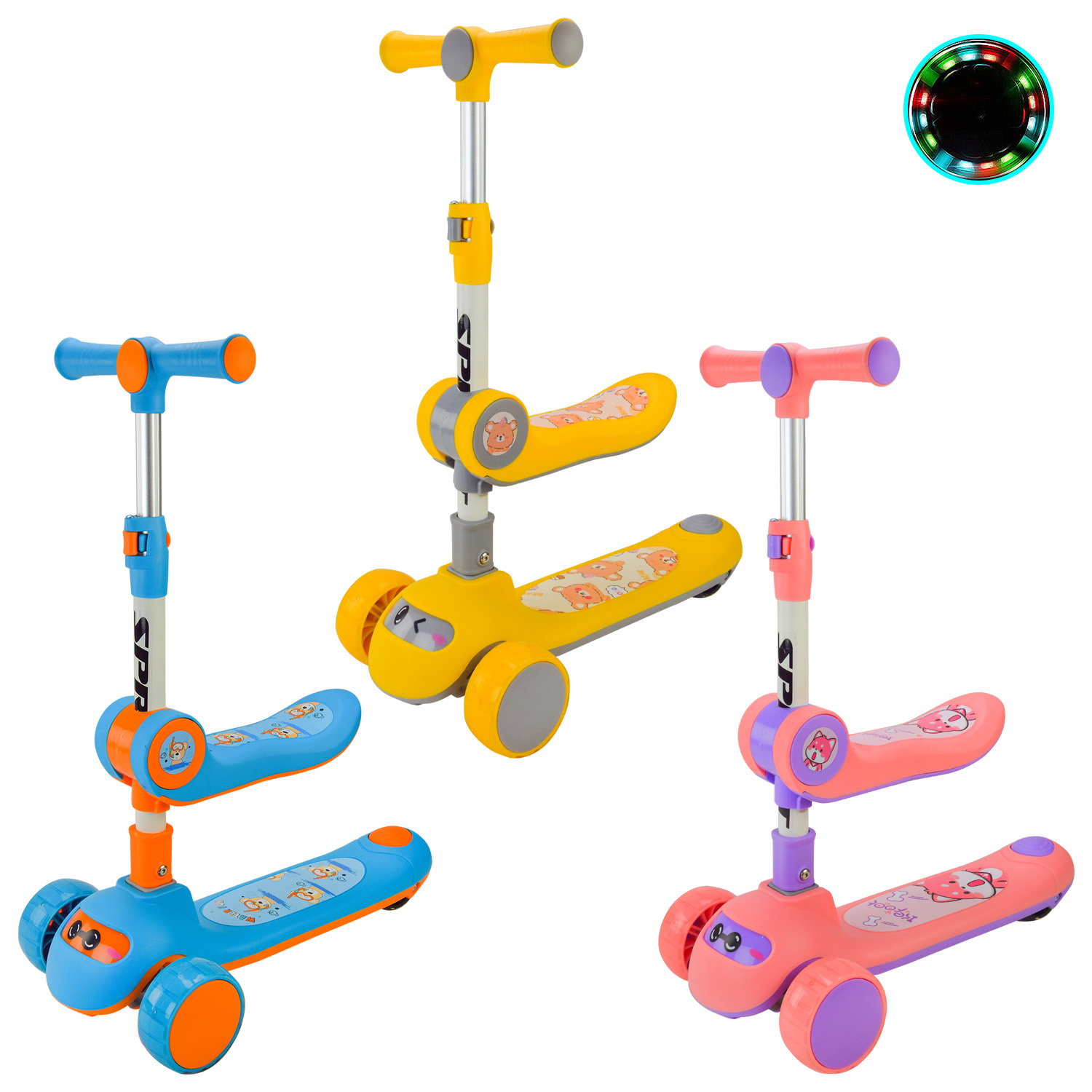 Самокат дитяч. 3-х кол. арт. SC2422 (6шт) 3 в 1, складний PU світло, 3 кольори, в пакеті