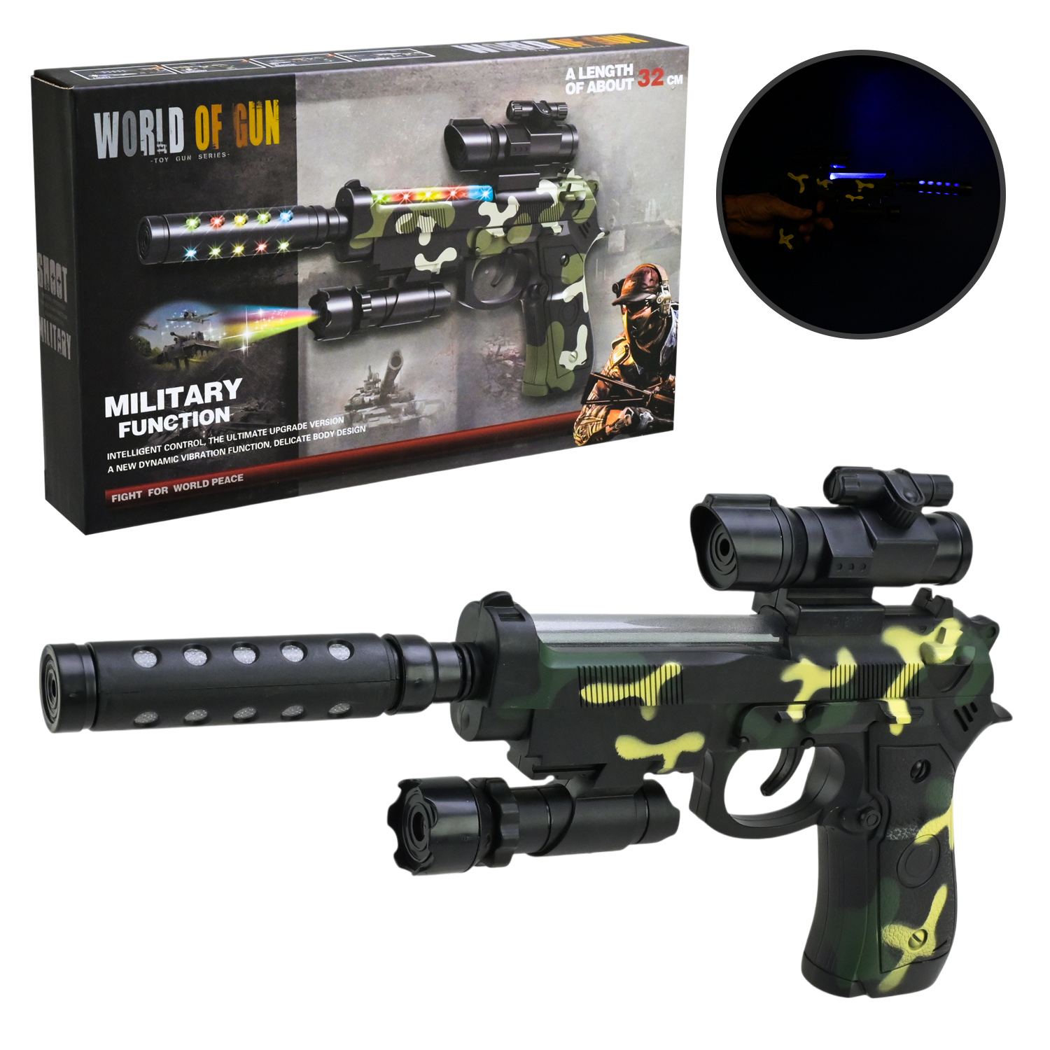 Пістолет муз. арт. 813 (96шт/2) батар.,світ.,звук,короб. 24,5*15*4,5см