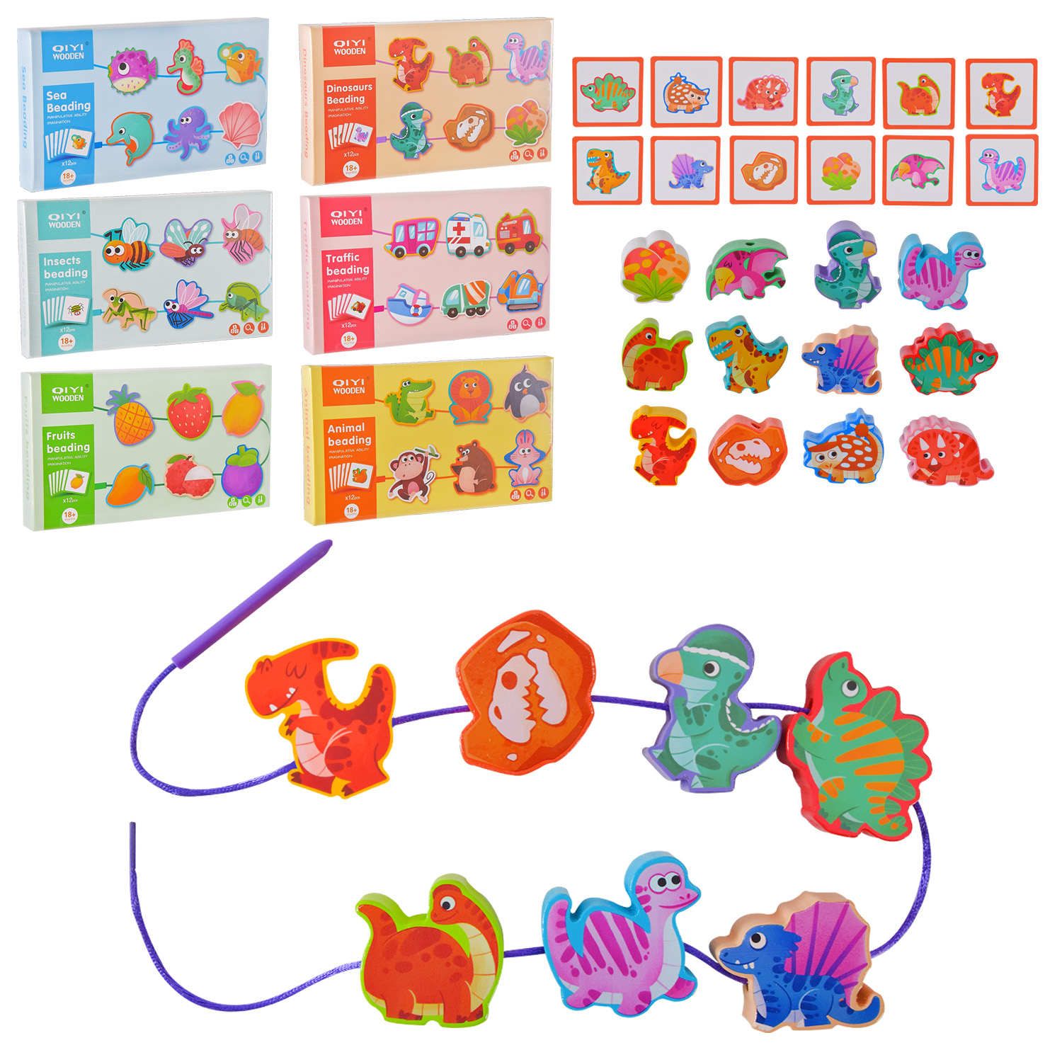 Дерев'яна іграшка арт. WD13014 (48шт) шнурівка, 6 видів у коробці 24*14*3 см