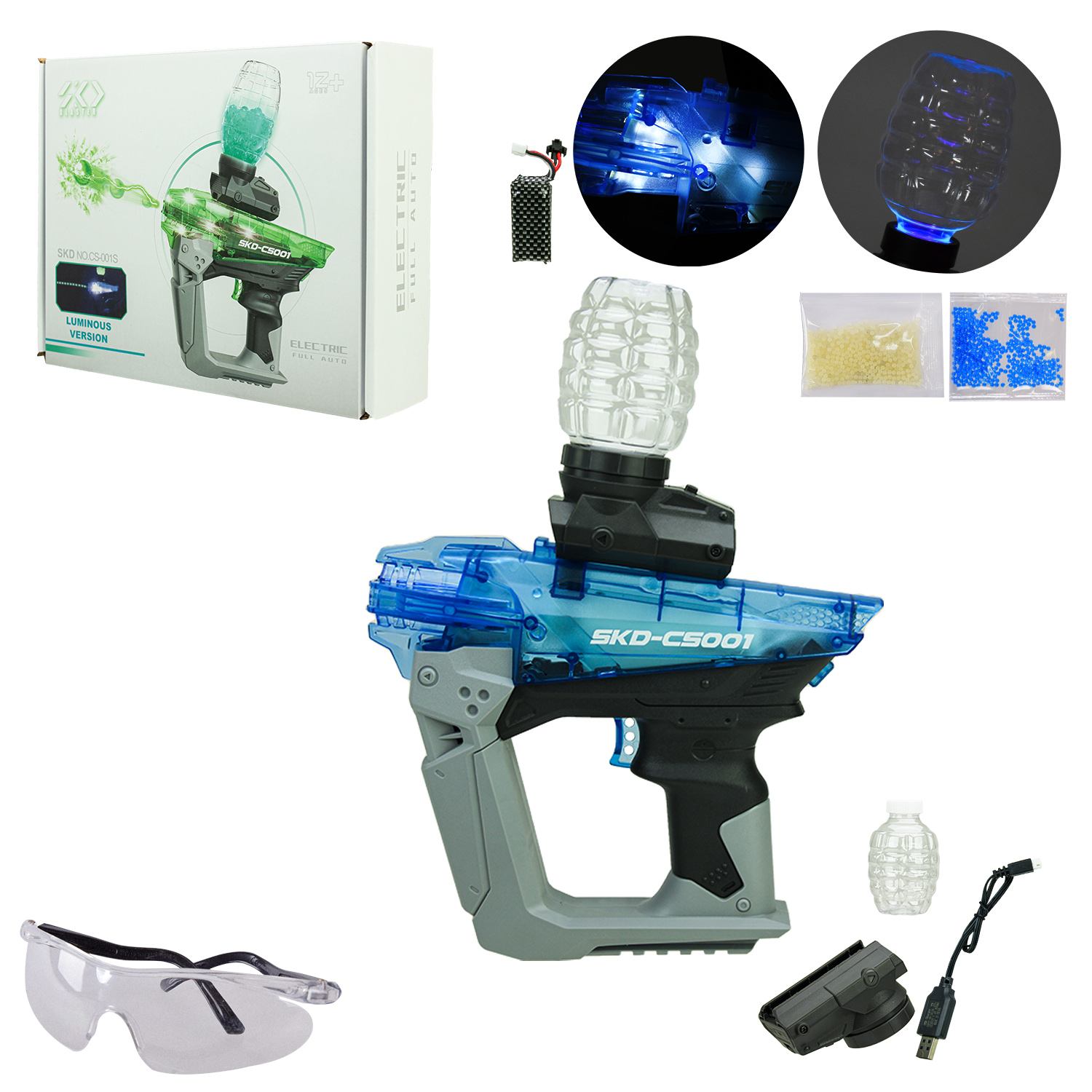 Пістолет акум. арт. CS001S (BLUE) (12шт) стріляє гелевими пулями, світиться в темряві, аксесуары короб. 30*23,5*7,5см