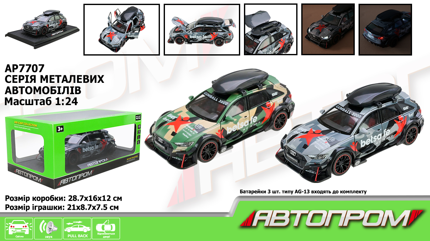 Машина мет. АВТОПРОМ арт. AP7707 (12шт/2)1:24,2 кольори, батар,світ.,звук,двері відкр.,короб.28,7*16*12,5см