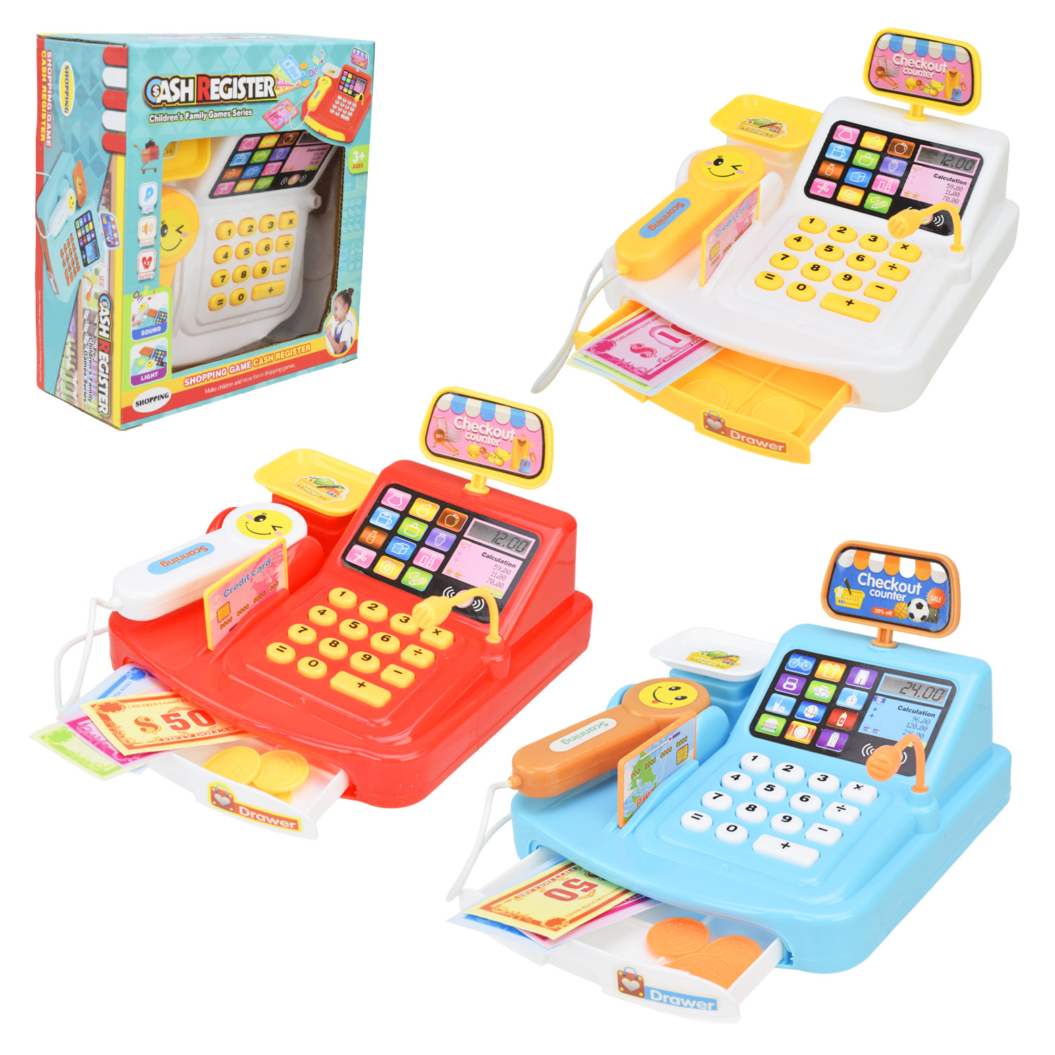 Касовий апарат арт. 777-21/23/24 (144шт/2)батар. мікс 3 види,сканер, гроши, світло, звук короб. 8*12,5*18,5см