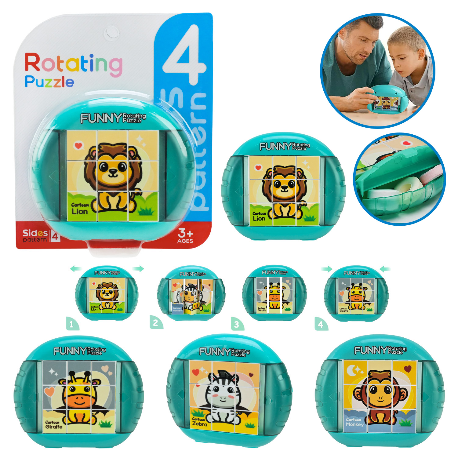 Кубики  обертові арт. 5587-3 (240шт/2) р-р 12*2,5*10см,потрібно скласти 4 картинки, інструкція, матузок, планшет 15*2,5*15см