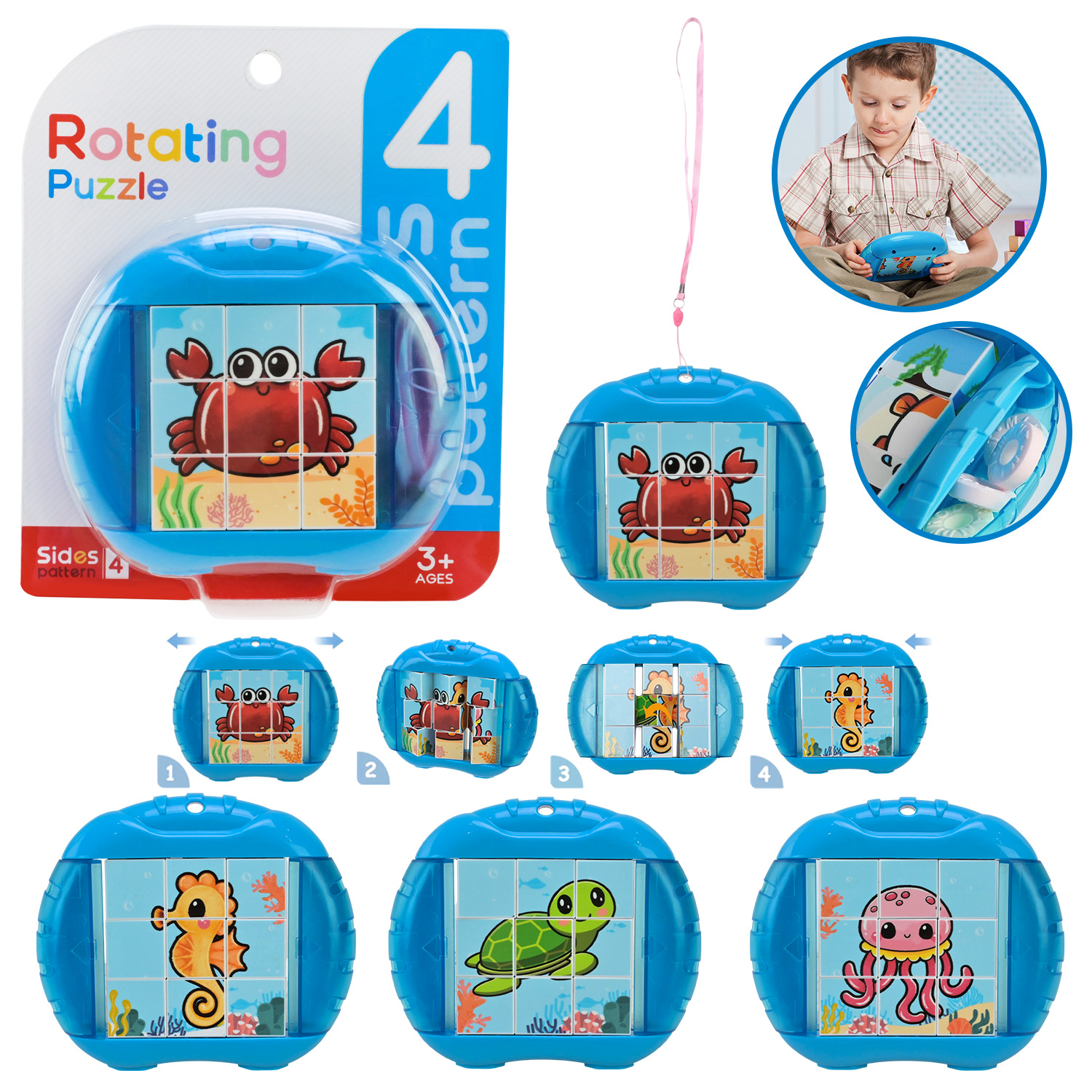 Кубики  обертові арт. 5588-9 (240шт/2) р-р 12*2,5*10см,потрібно скласти 4 картинки, інструкція, матузок, планшет 15*2,5*15см