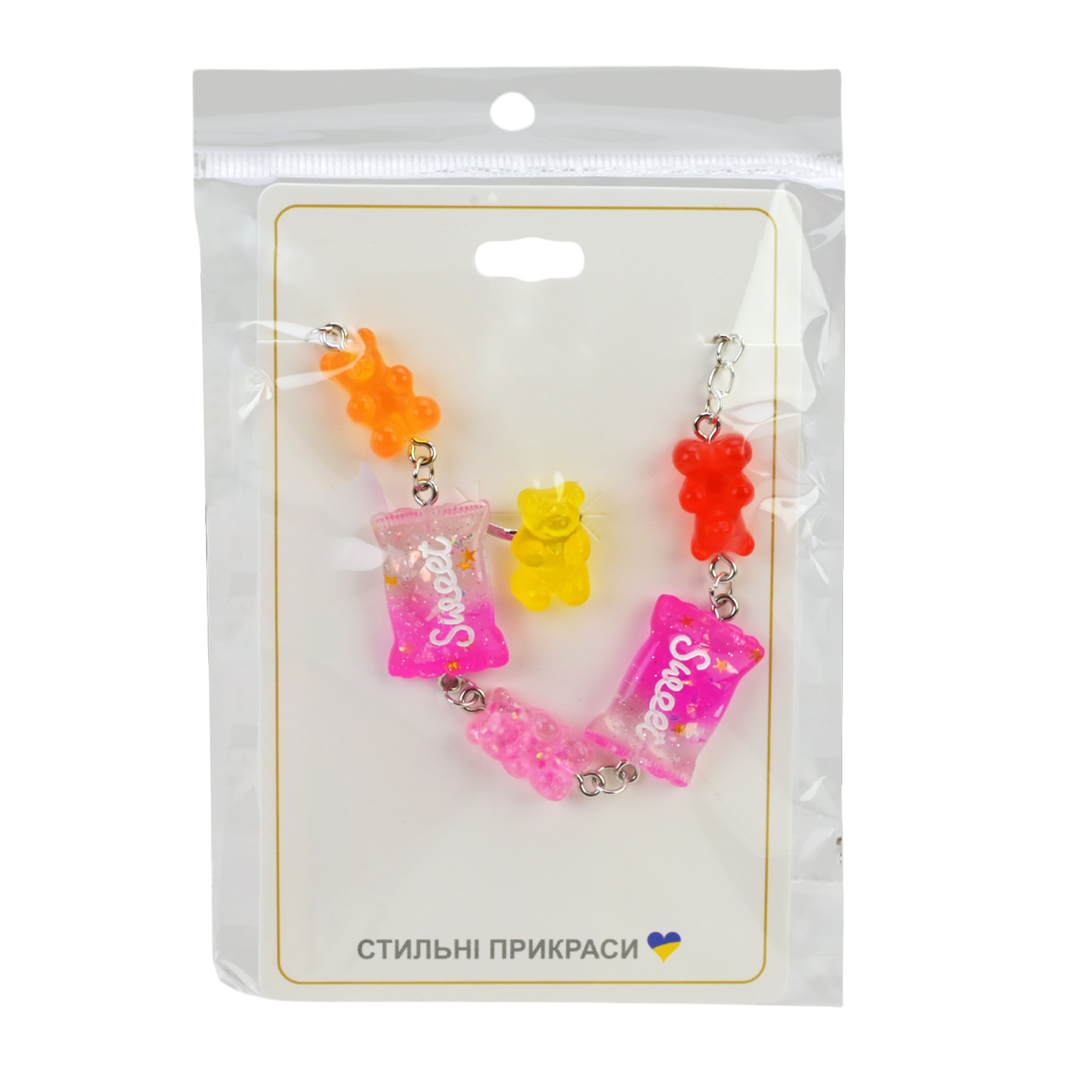 Аксесуари для дівчат арт. CN240703 (120шт) 10 уп*12 шт; набір 2в1, мікс видів, браслет+кільце планш. 11,5х7,5 см