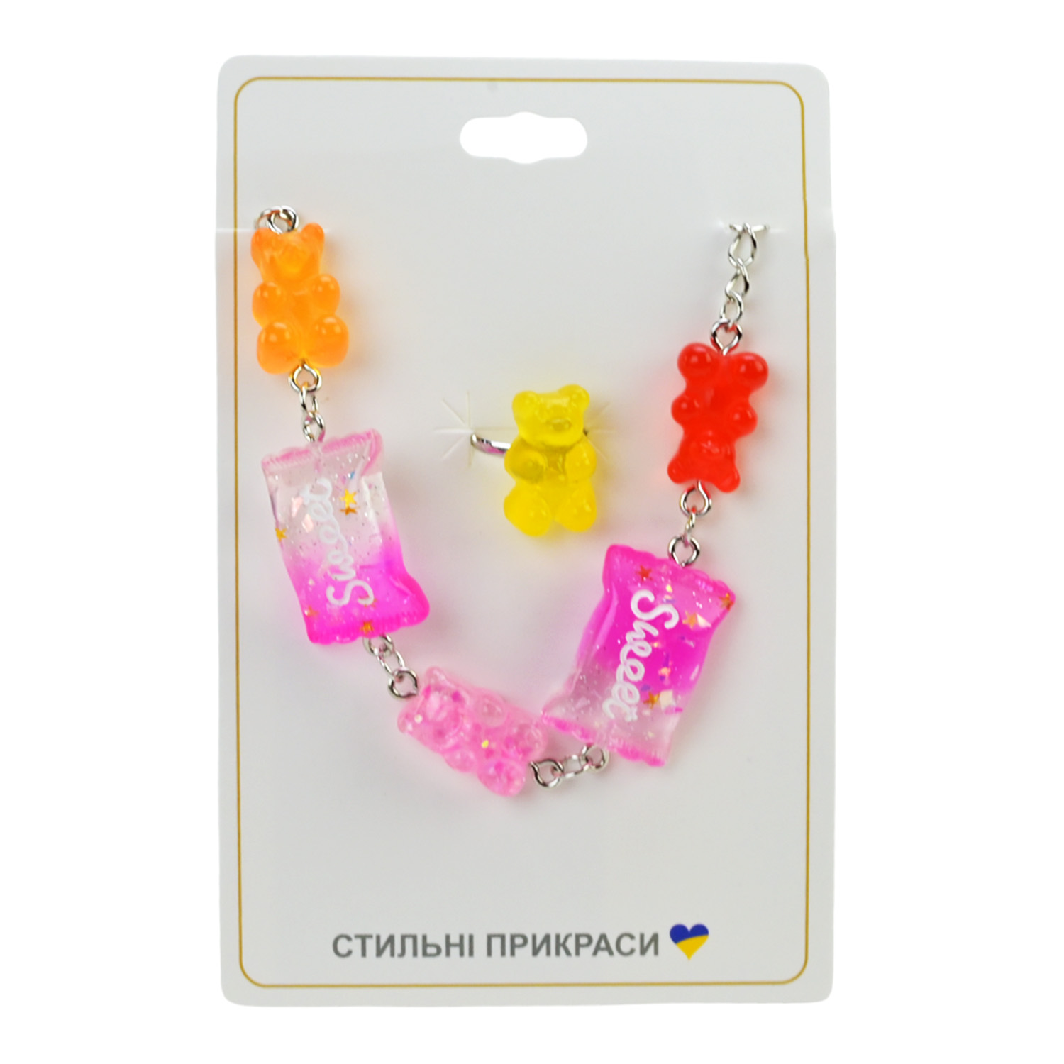 Аксесуари для дівчат арт. CN240703 (120шт) 10 уп*12 шт; набір 2в1, мікс видів, браслет+кільце планш. 11,5х7,5 см