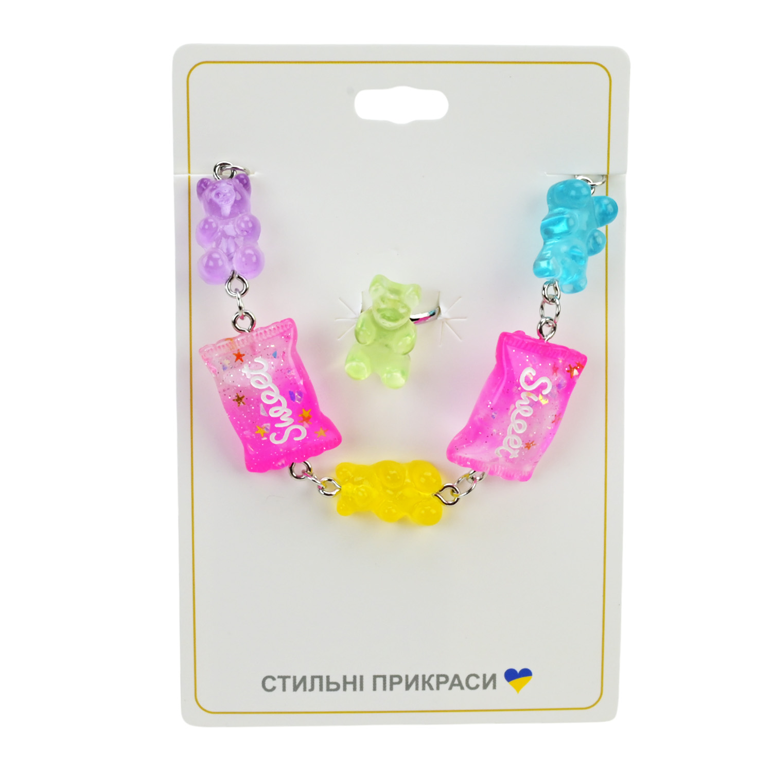 Аксесуари для дівчат арт. CN240703 (120шт) 10 уп*12 шт; набір 2в1, мікс видів, браслет+кільце планш. 11,5х7,5 см