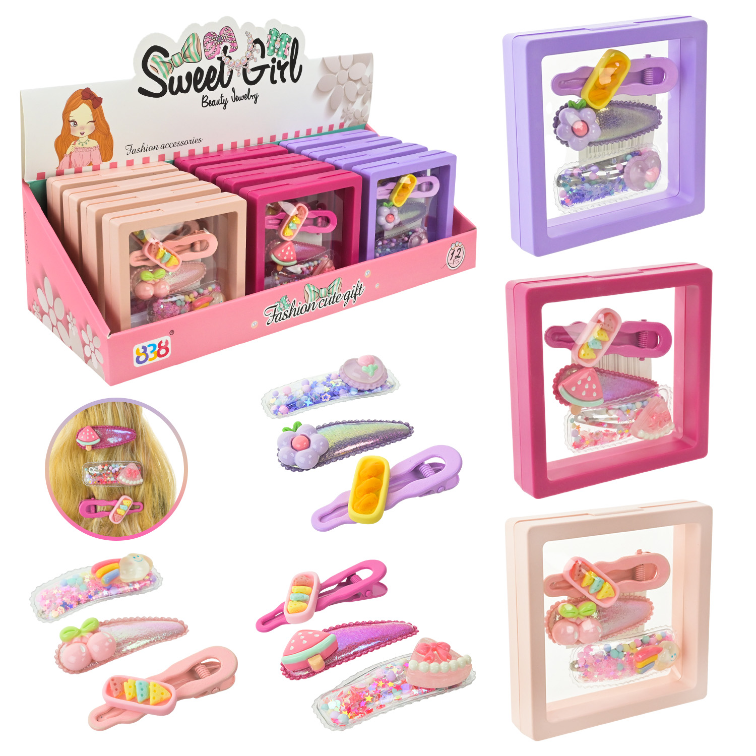 Прикраси набір арт. 838-2301-3R (288шт/2) заколочки для волосся, ціна за 1 коробку дисп.бокс. 9*9*2см 31*13*9 см