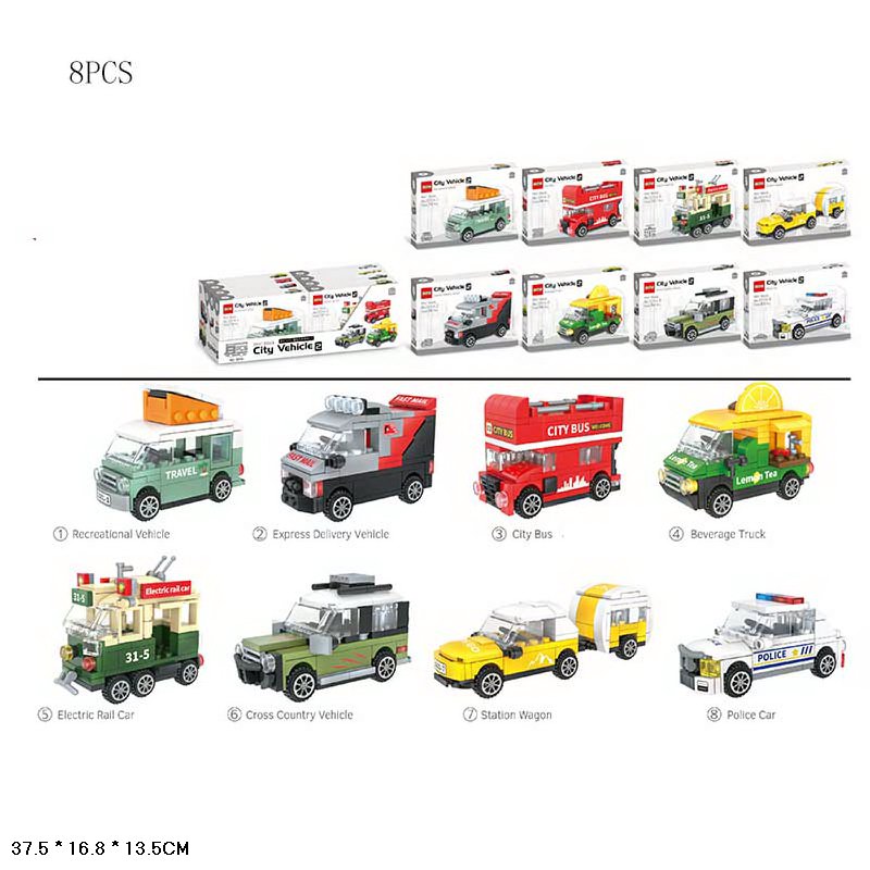 Ігровий набір арт. 1031A (192шт/2) 78-101 дет. транспорт, 8 видів, 24уп*8шт у дісплей боксі 37,5*16,8*13,5см