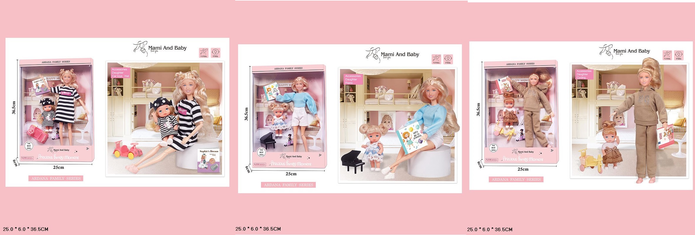 Лялька арт. A783-1/2/3 (36шт/2)   типу Барбі, мікс 3 види,матуся, немовля (п'е,  писяє), аксес, р-р ляльки короб. 29см