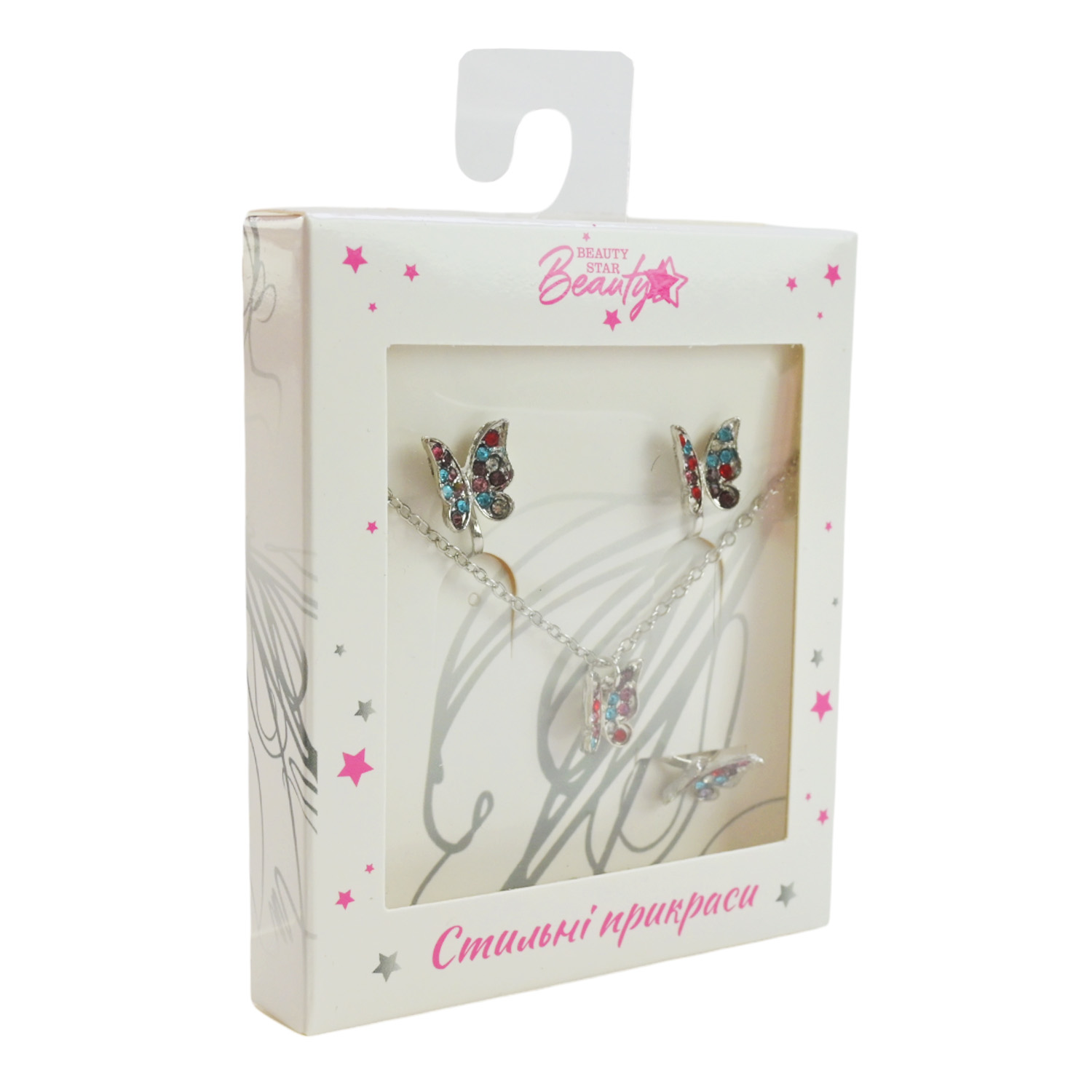 Прикраси набір Beauty Star арт. PL-524-401 (108шт) мікс 6 видів, сет 3 в 1, намисто, кліпси, кільце(змінюе розмір) зі стразами короб. 10*7*1,5см
