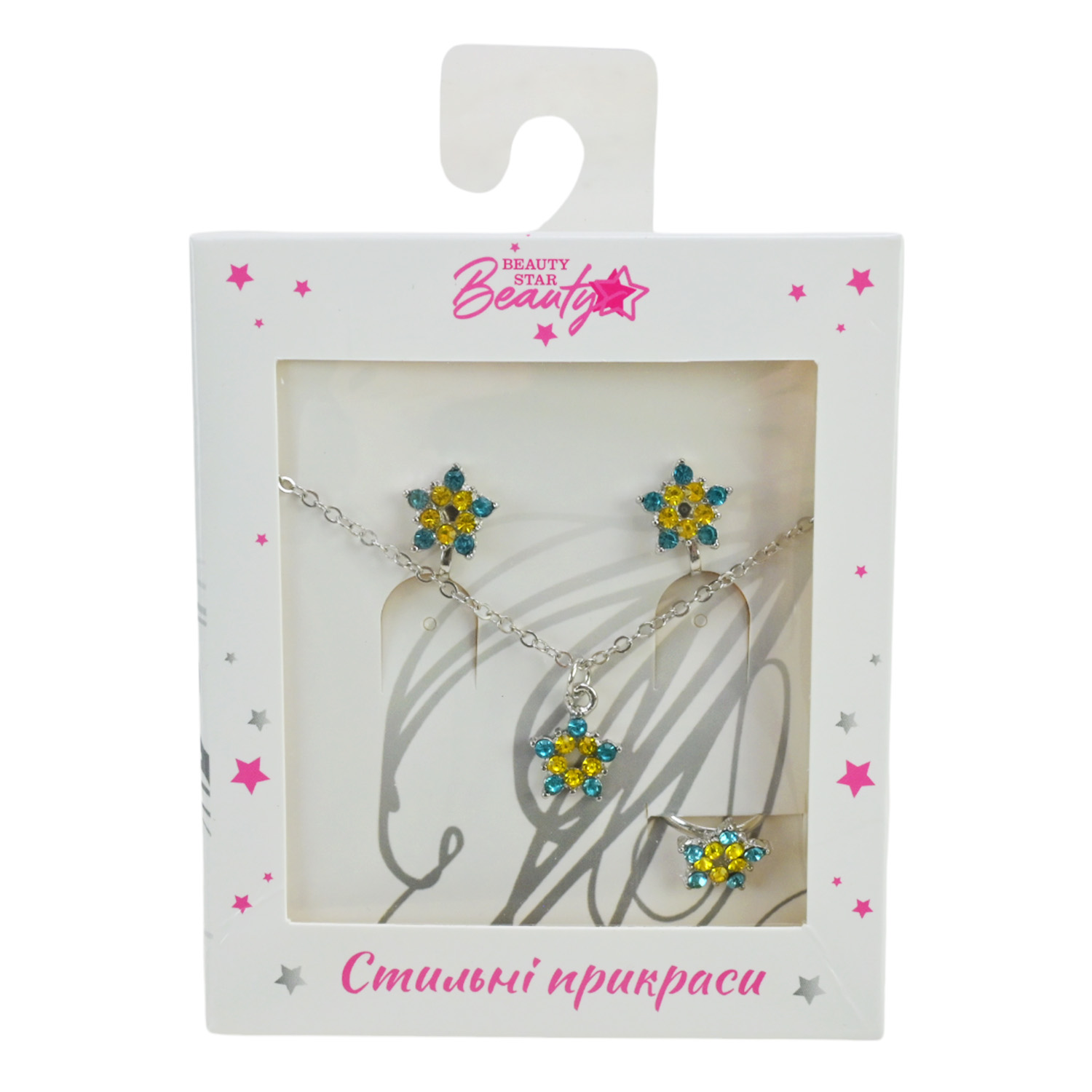 Прикраси набір Beauty Star арт. PL-524-401 (108шт) мікс 6 видів, сет 3 в 1, намисто, кліпси, кільце(змінюе розмір) зі стразами короб. 10*7*1,5см