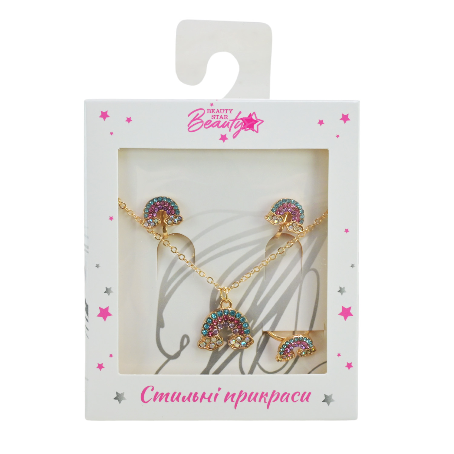 Прикраси набір Beauty Star арт. PL-524-401 (108шт) мікс 6 видів, сет 3 в 1, намисто, кліпси, кільце(змінюе розмір) зі стразами короб. 10*7*1,5см