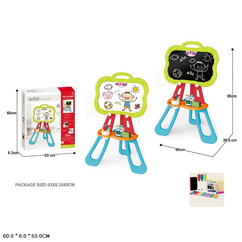 Мольберт арт.050-13 (12шт) р-р в зібраному вигляді 86*38,5*60см, двох-сторон. у наборі 3 маркери, крейда, короб.60*8,3*53см