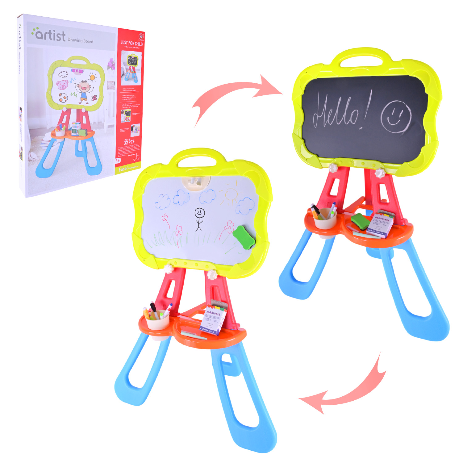 Мольберт арт.050-13 (12шт) р-р в зібраному вигляді 86*38,5*60см, двох-сторон. у наборі 3 маркери, крейда, короб.60*8,3*53см