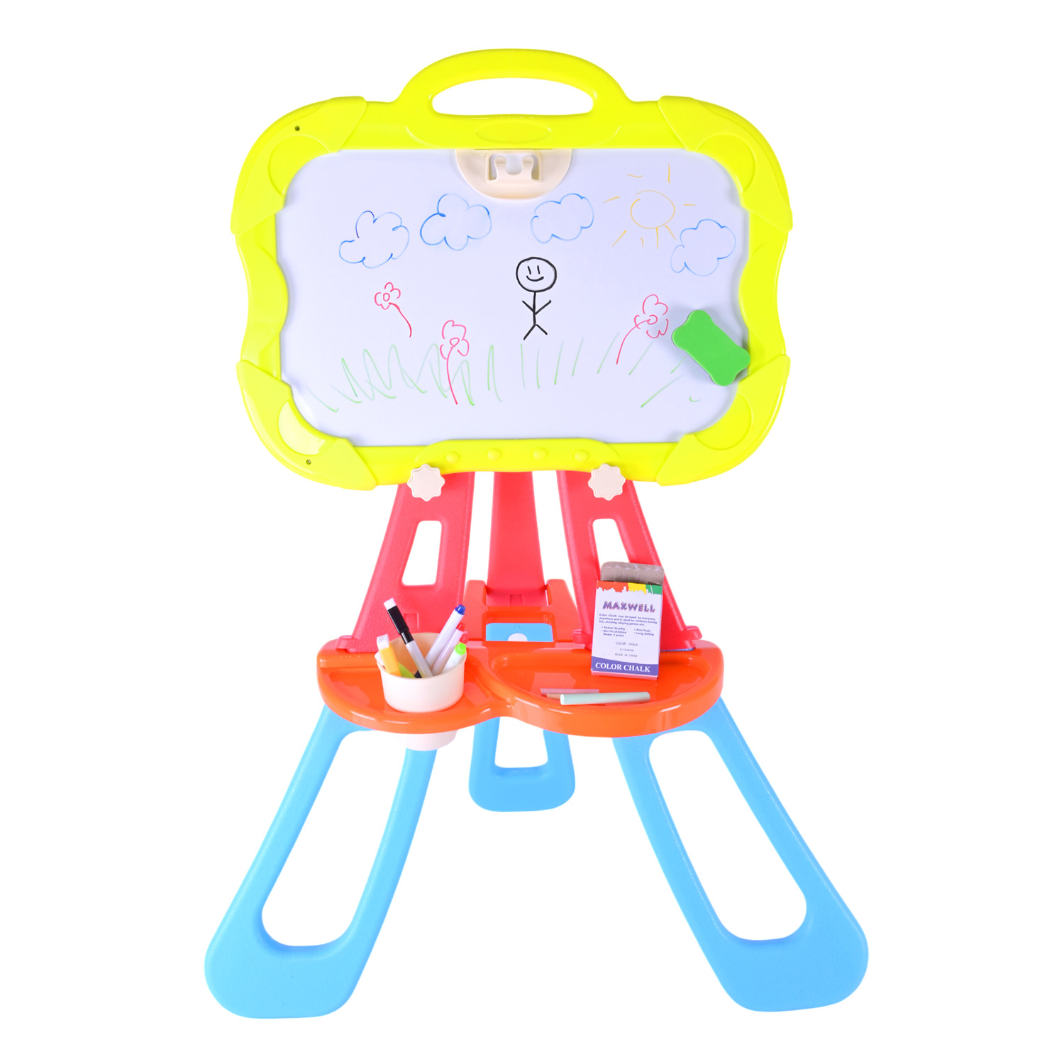 Мольберт арт.050-13 (12шт) р-р в зібраному вигляді 86*38,5*60см, двох-сторон. у наборі 3 маркери, крейда, короб.60*8,3*53см