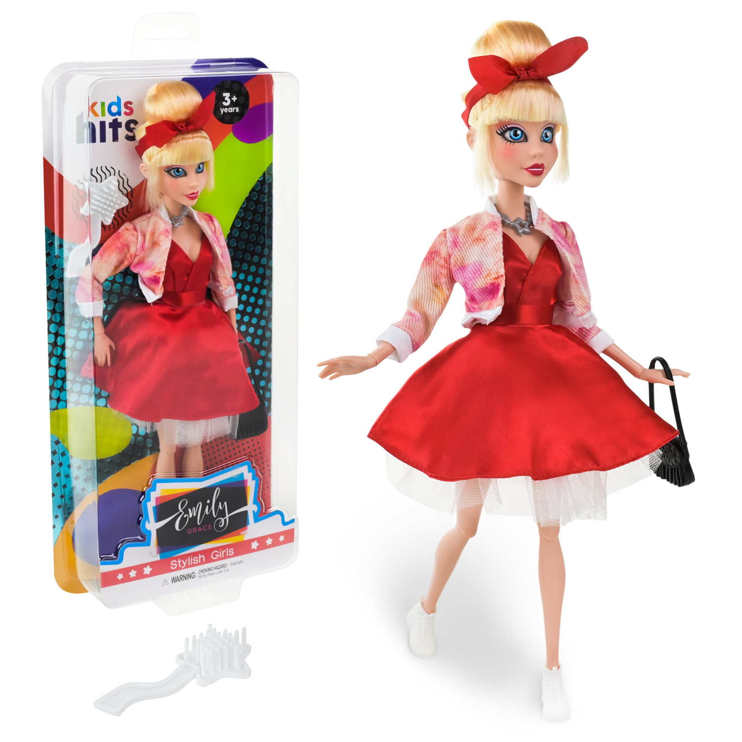 Лялька Emily Grace арт. KH24/001 (12шт) в стильній червоній сукні, аксес, короб. 16,4*37,5*5,2 см