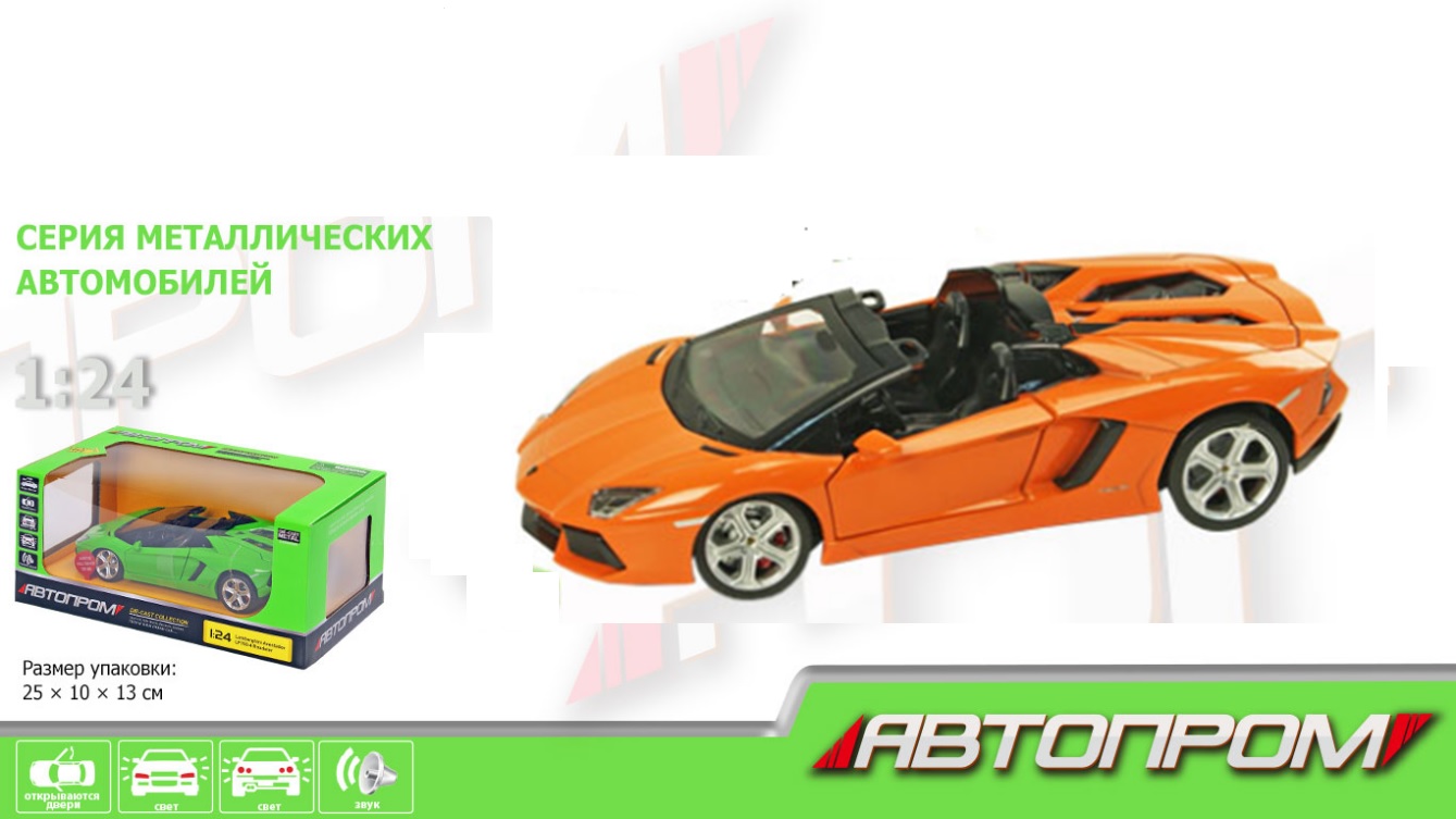 Машина металл 68274A (12шт/2)"АВТОПРОМ",1:24 Lamborghini, 1 цвет, бат,свет,зв,откр.двери,капот,багаж.,в кор.25*10*13см
