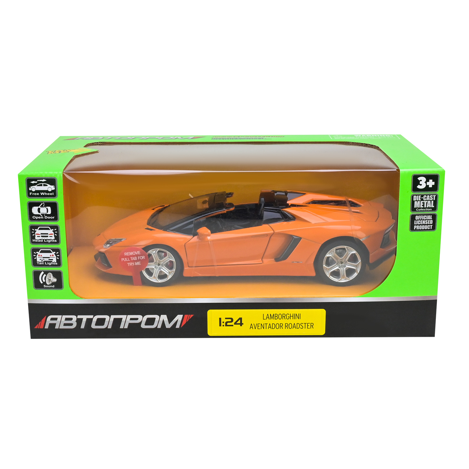 Машина металл 68274A (12шт/2)"АВТОПРОМ",1:24 Lamborghini, 1 цвет, бат,свет,зв,откр.двери,капот,багаж.,в кор.25*10*13см