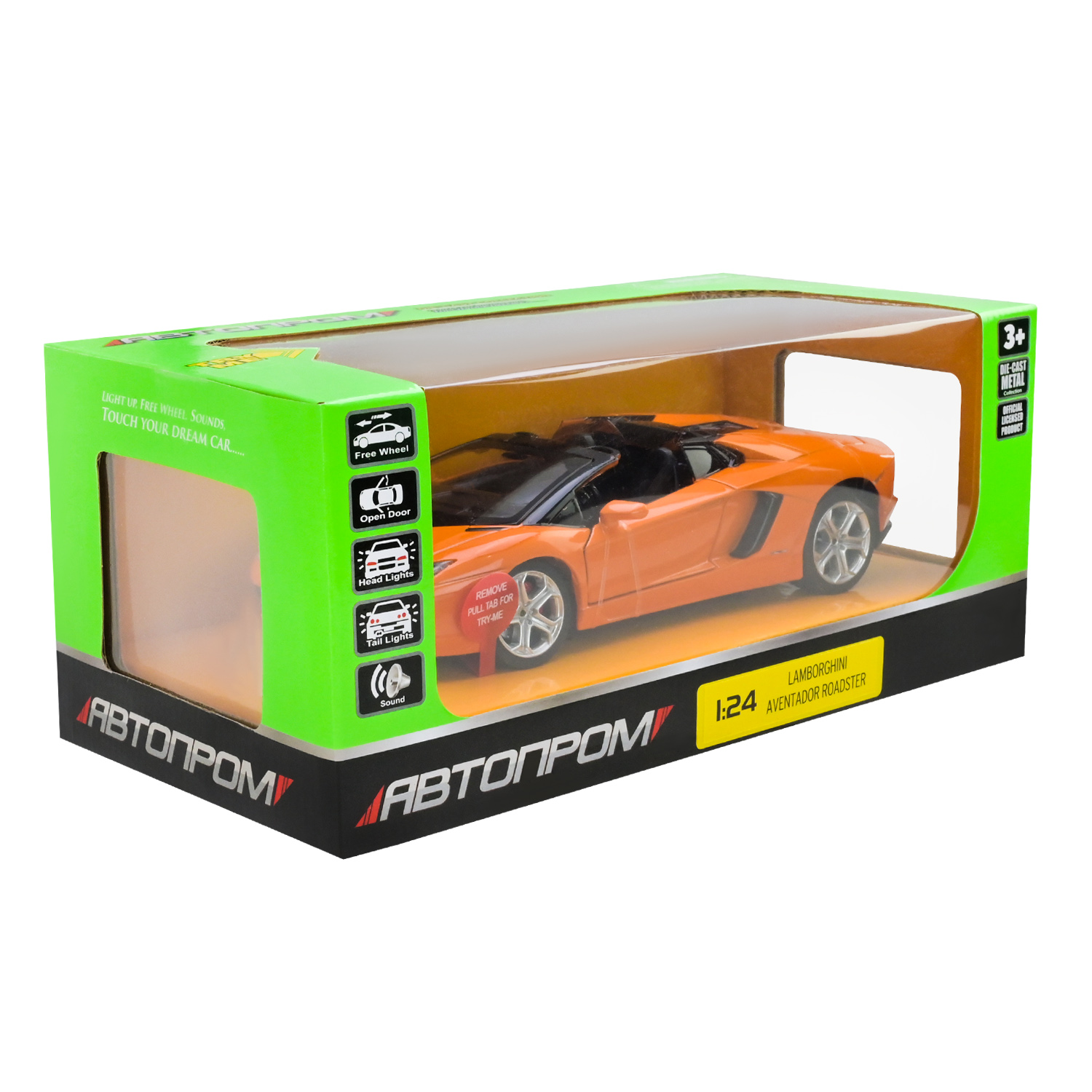 Машина металл 68274A (12шт/2)"АВТОПРОМ",1:24 Lamborghini, 1 цвет, бат,свет,зв,откр.двери,капот,багаж.,в кор.25*10*13см