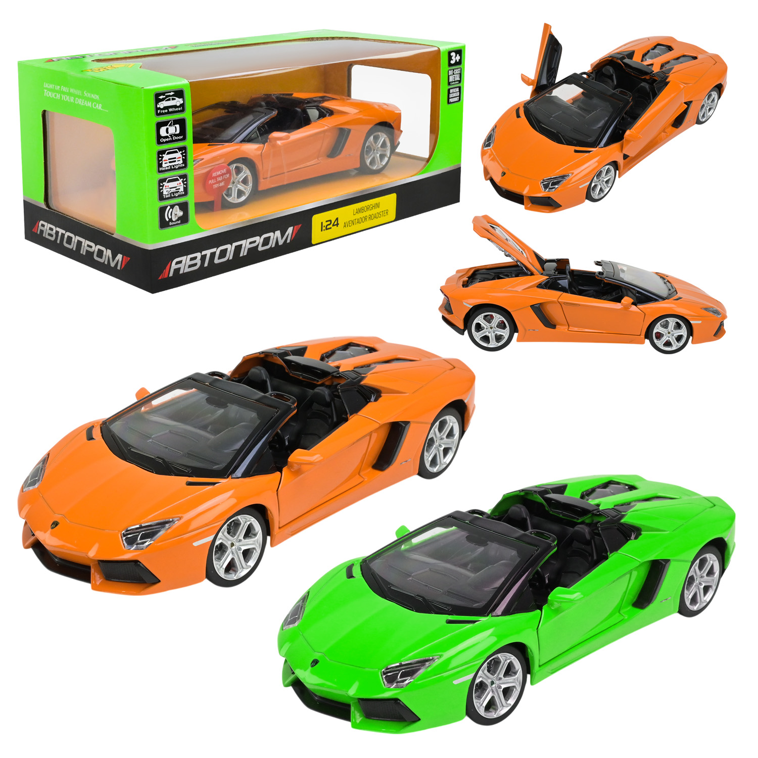 Машина металл 68274A (12шт/2)"АВТОПРОМ",1:24 Lamborghini, 1 цвет, бат,свет,зв,откр.двери,капот,багаж.,в кор.25*10*13см