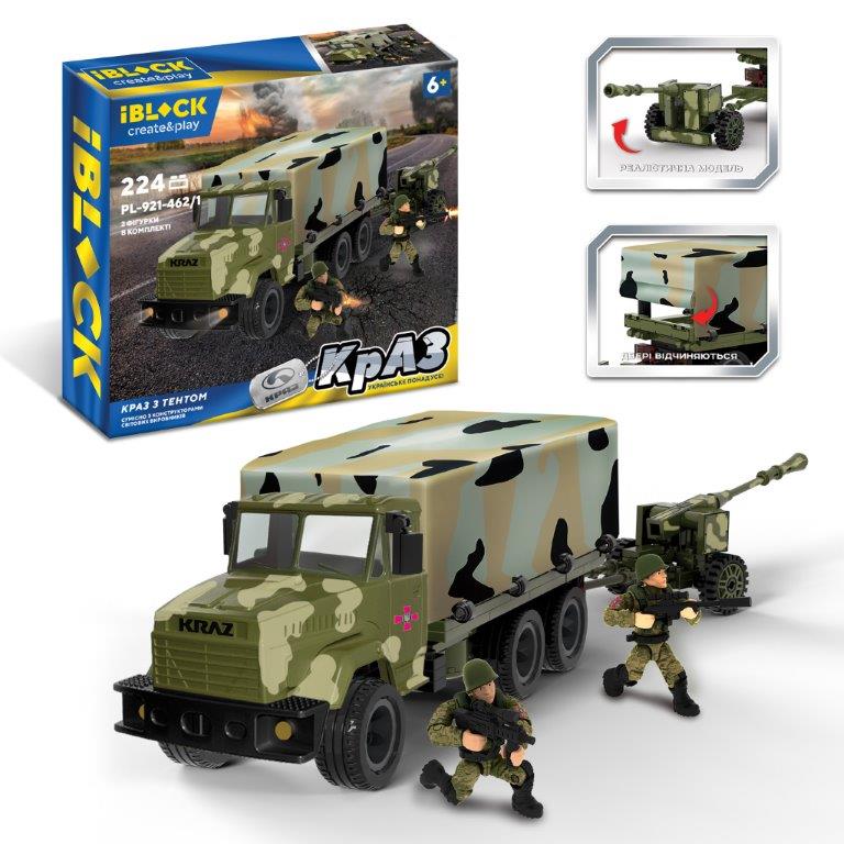 Конструктор IBLOCK арт. PL-921-462/1 (12шт) Армія КРАЗ с тентом, 224дет, 2 фіг, у короб. 37*5*26*6см
