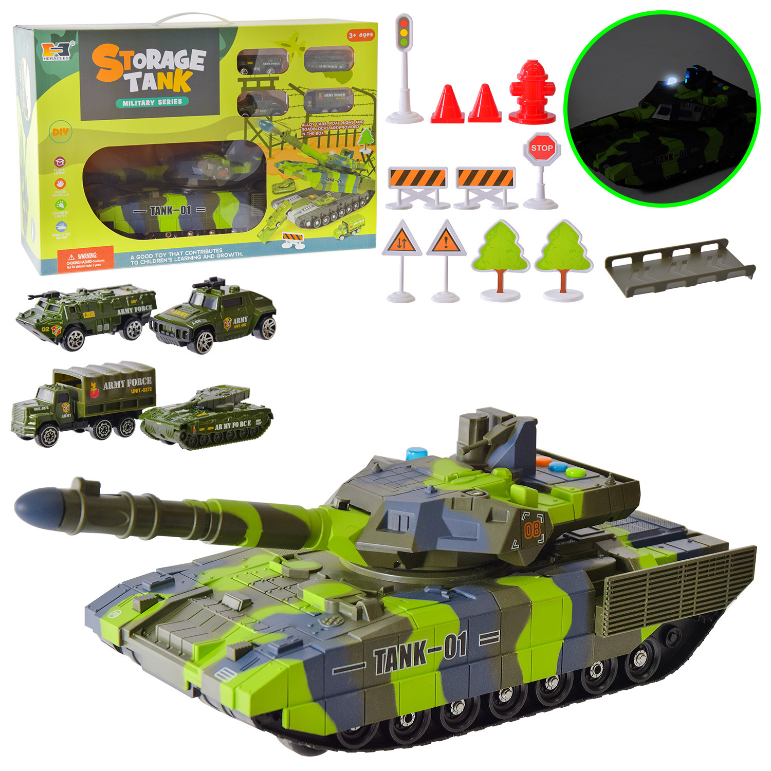 Ігровий набір арт. HS8006A (10шт) танк, всередині транспорт, короб. 47*32*19 см
