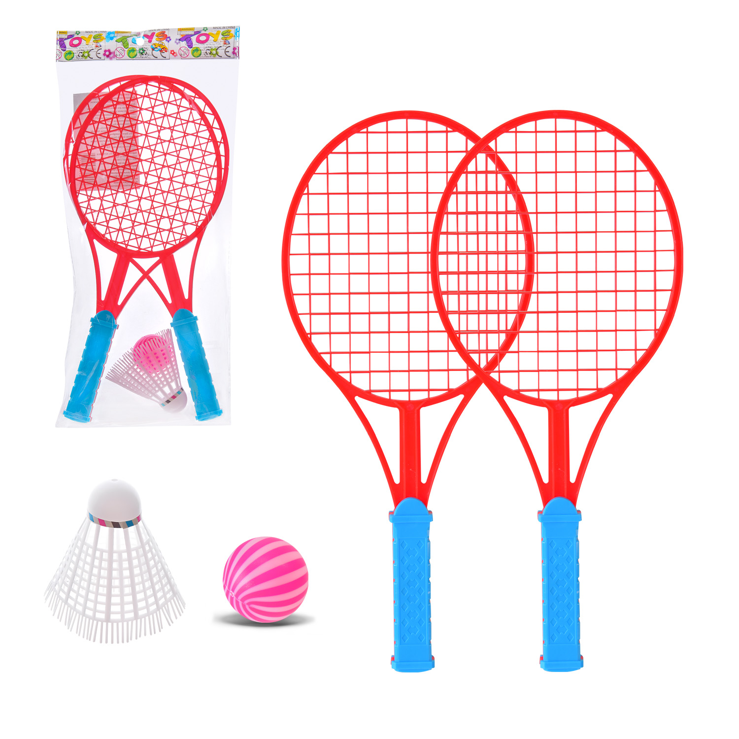 Набір для бадмінтону арт. 605-14 (480шт/4) 2 ракетки, воланчик і м'ячик пакет.4 кольори 17*3*36 см