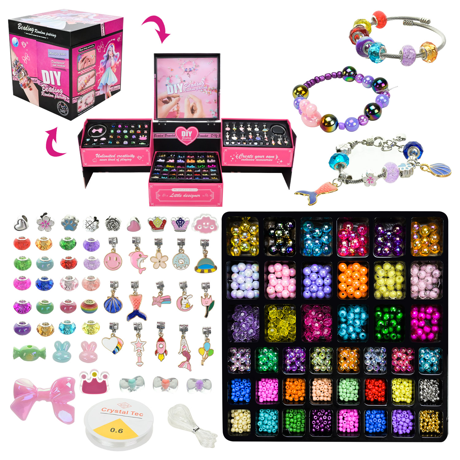 Набір аксесуари для дівчат арт. B4347 (24шт/2) розкладна скринька, металеві та пластикові намистини, браслет короб. 23*23*23см