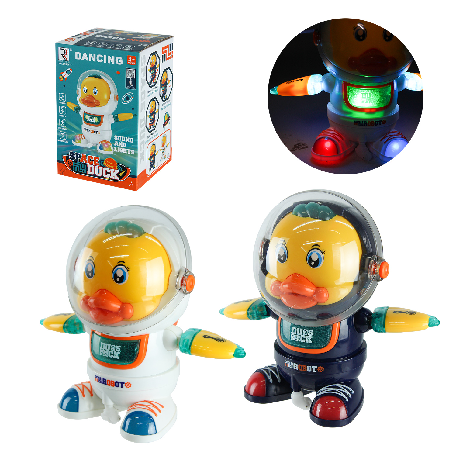 Робот арт. ZR156-4 (96шт/2)батар., космічна утка, 2кольори, світ., короб. 12*12*18см