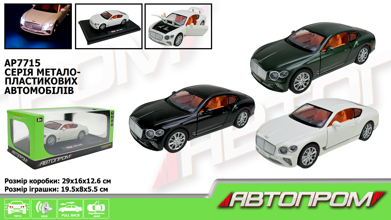 Машина мет. АВТОПРОМ арт. AP7715 (12шт) 1:24,3 кольори, батар, світ., звук, двері відкр., в короб.29*16*12,6см