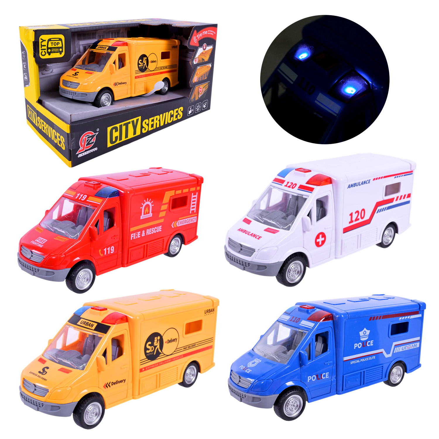 Машина арт. JZ2024-22 (54шт/2) батар, Міські служби, світло, звук, 4 віда, короб.25*13*14см